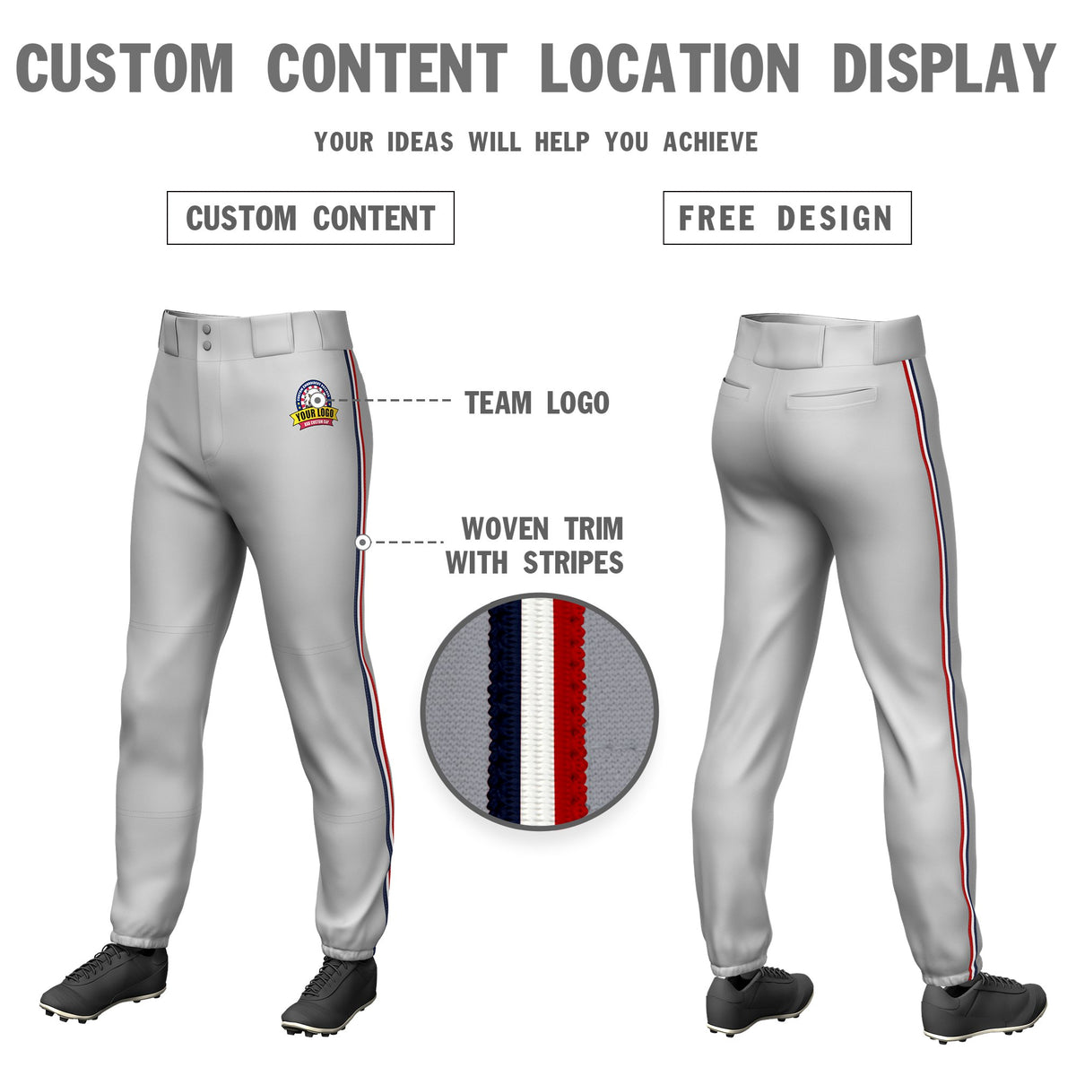 Custom Gray Navy-White-Red Classic Fit Stretch Practice Pull-up Baseball Pants