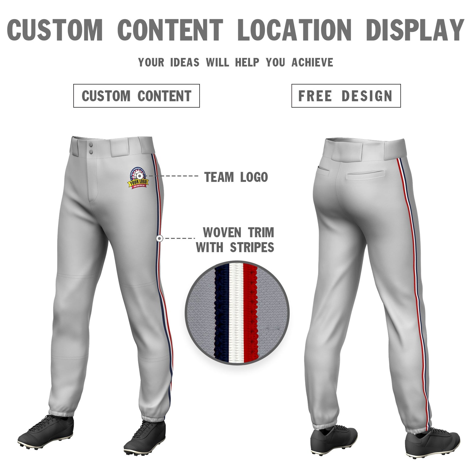 Custom Gray Navy-White-Red Classic Fit Stretch Practice Pull-up Baseball Pants