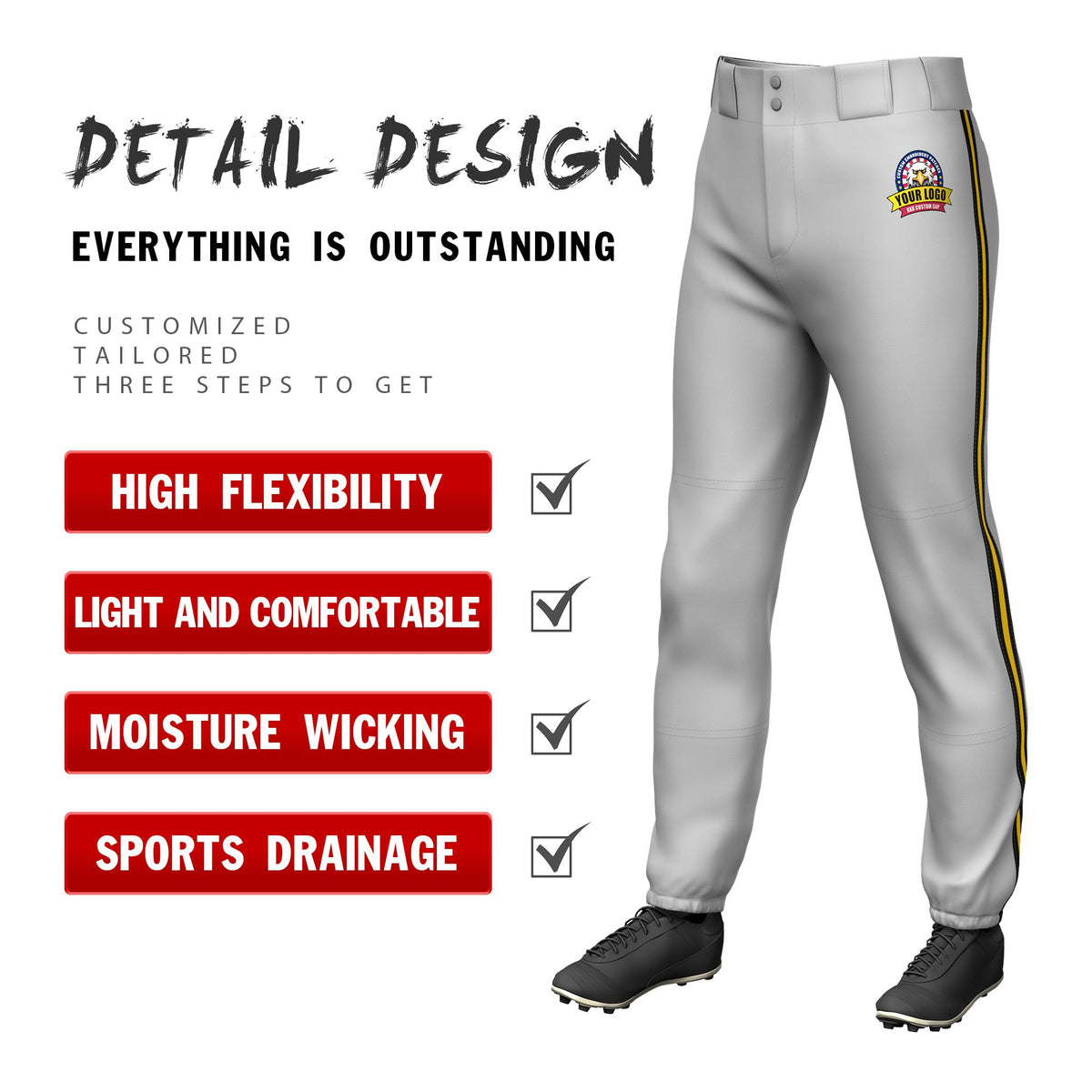 Custom Gray Black-Gold01-Black Classic Fit Stretch Practice Pull-up Baseball Pants