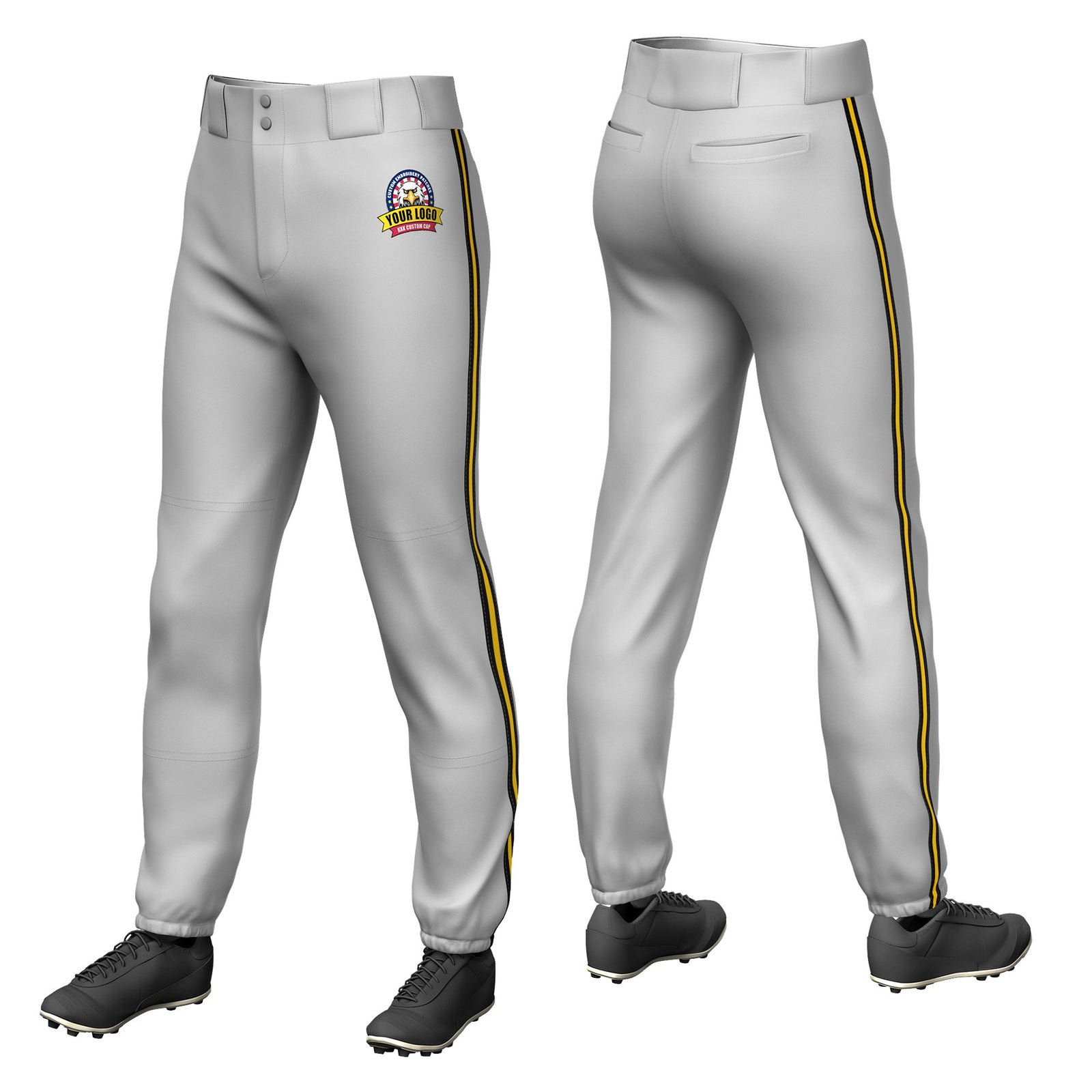 Custom Gray Black-Gold01-Black Classic Fit Stretch Practice Pull-up Baseball Pants