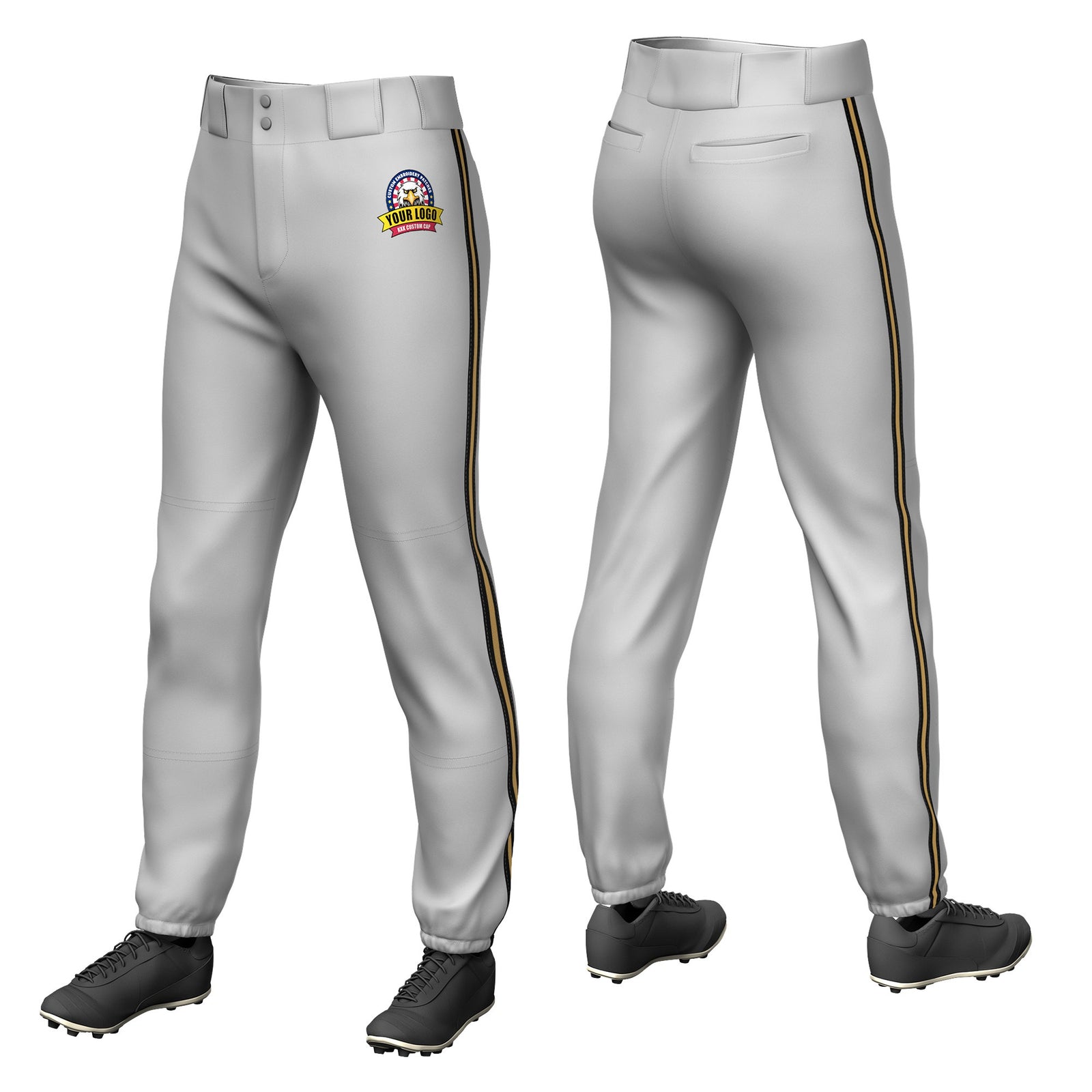 Custom Gray Black-Old Gold-Black Classic Fit Stretch Practice Pull-up Baseball Pants