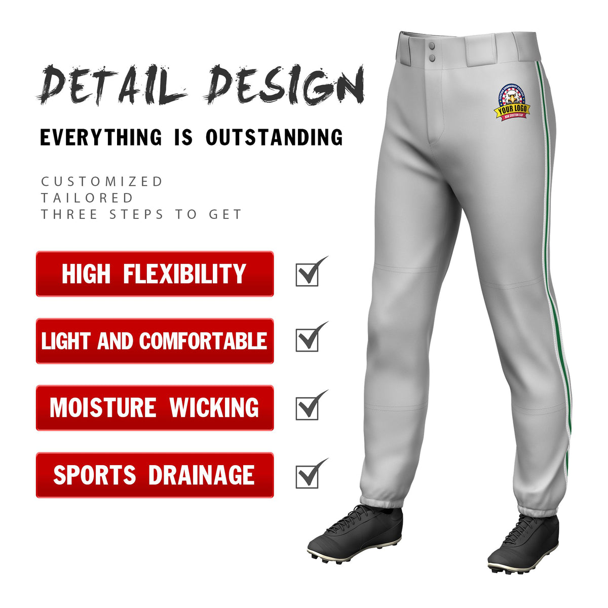 Custom Gray White-Kelly Green-White Classic Fit Stretch Practice Pull-up Baseball Pants