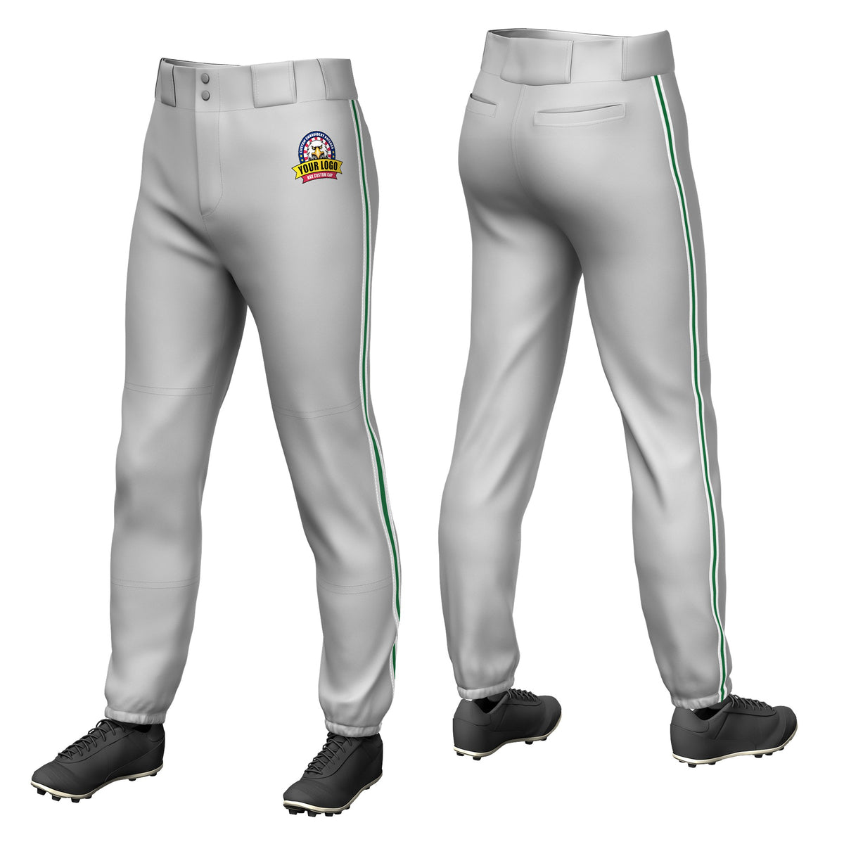 Custom Gray White-Kelly Green-White Classic Fit Stretch Practice Pull-up Baseball Pants