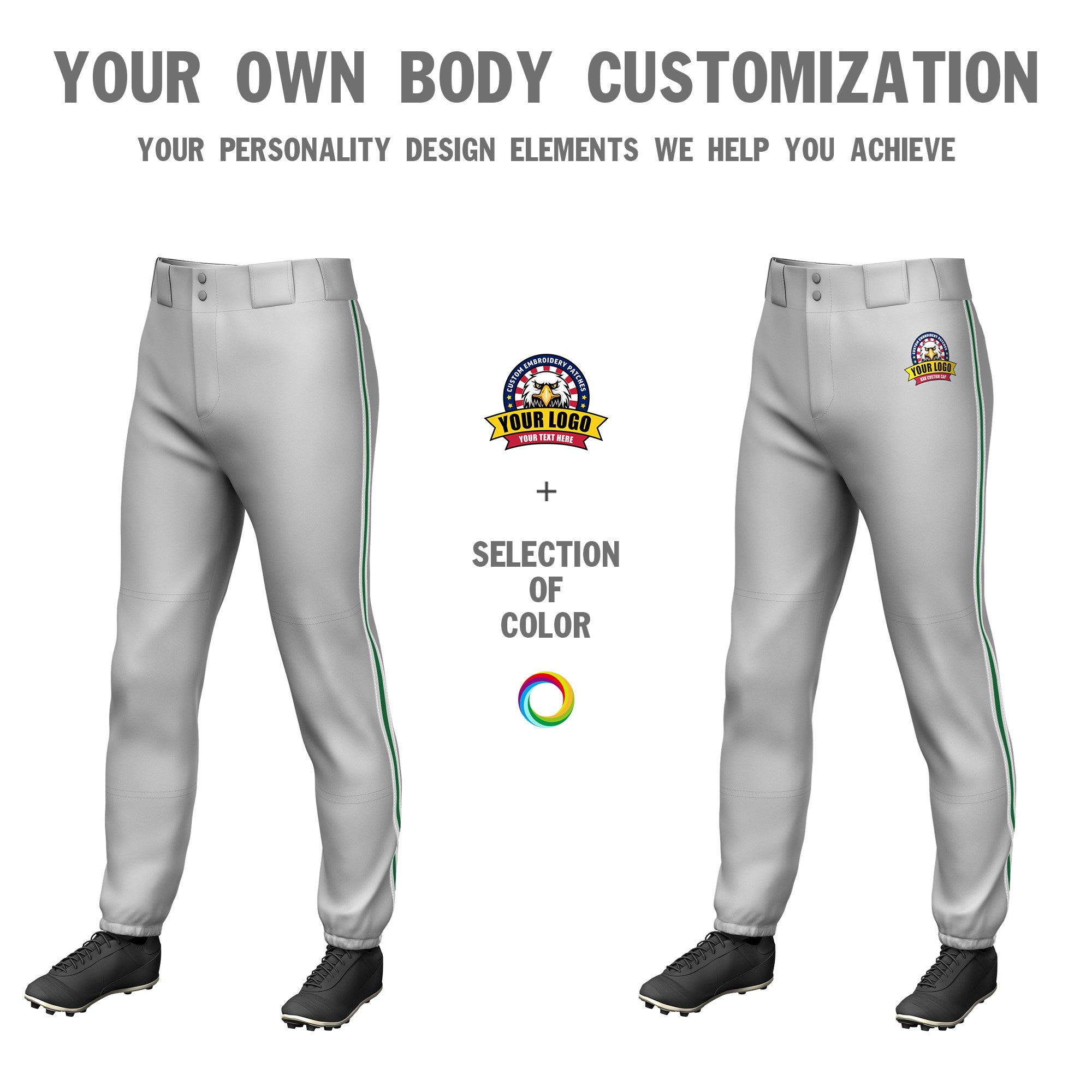 Custom Gray White-Kelly Green-White Classic Fit Stretch Practice Pull-up Baseball Pants