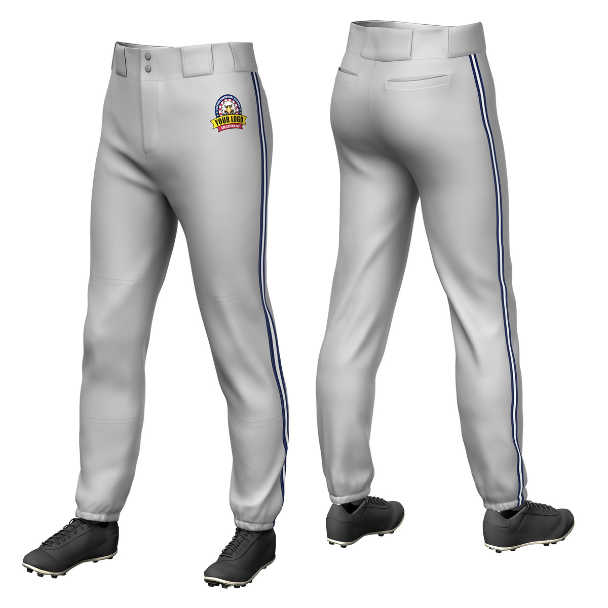 Custom Gray Navy-White-Navy Classic Fit Stretch Practice Pull-up Baseball Pants