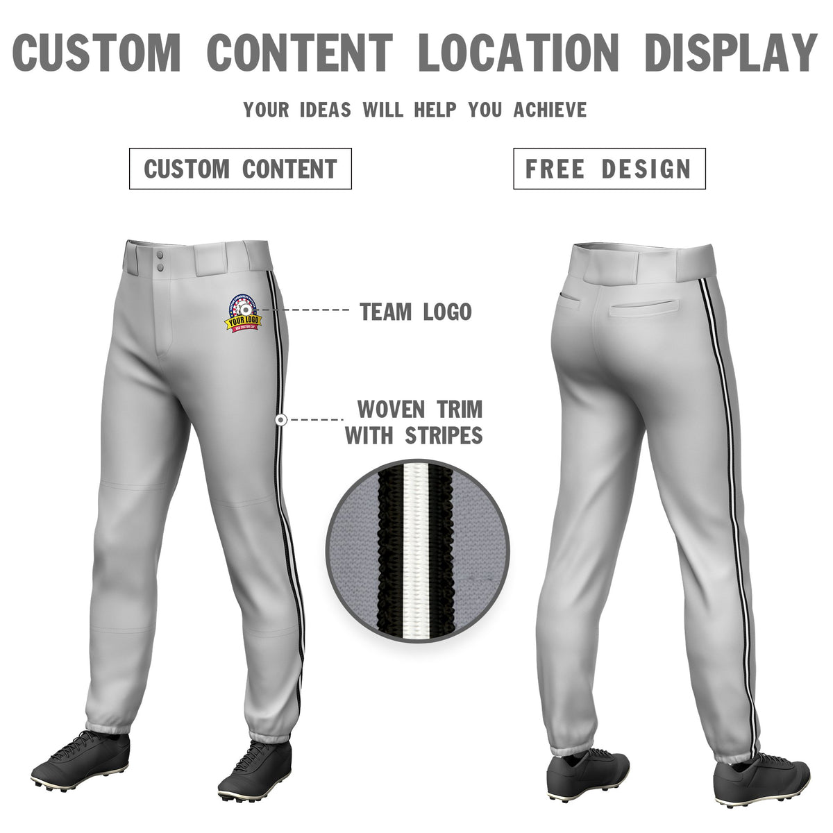Custom Gray Black-White-Black Classic Fit Stretch Practice Pull-up Baseball Pants