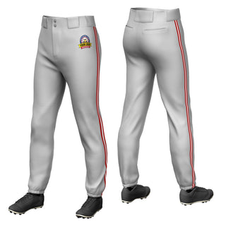 Custom Gray Red-White-Red Piping Classic Fit Stretch Practice Pull-up Baseball Pants
