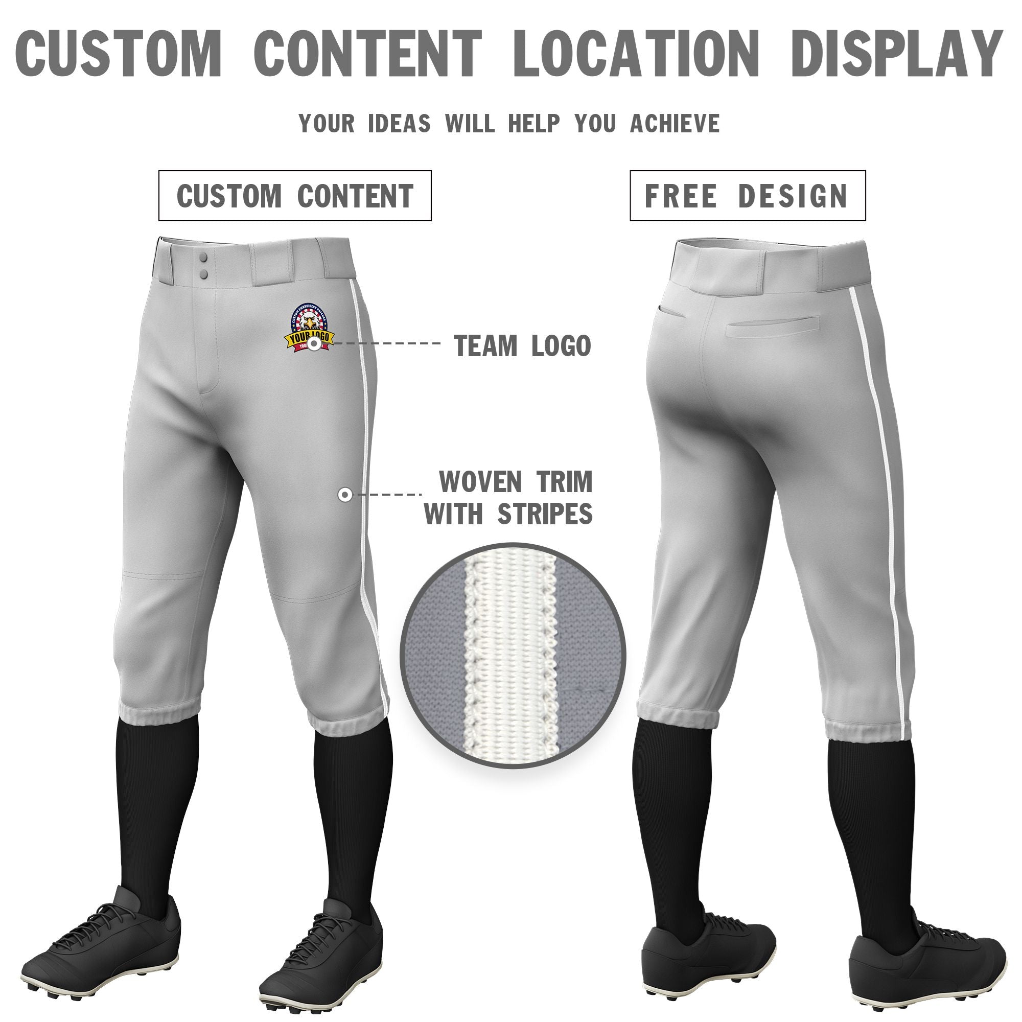 Custom Gray White Classic Fit Stretch Practice Knickers Baseball Pants