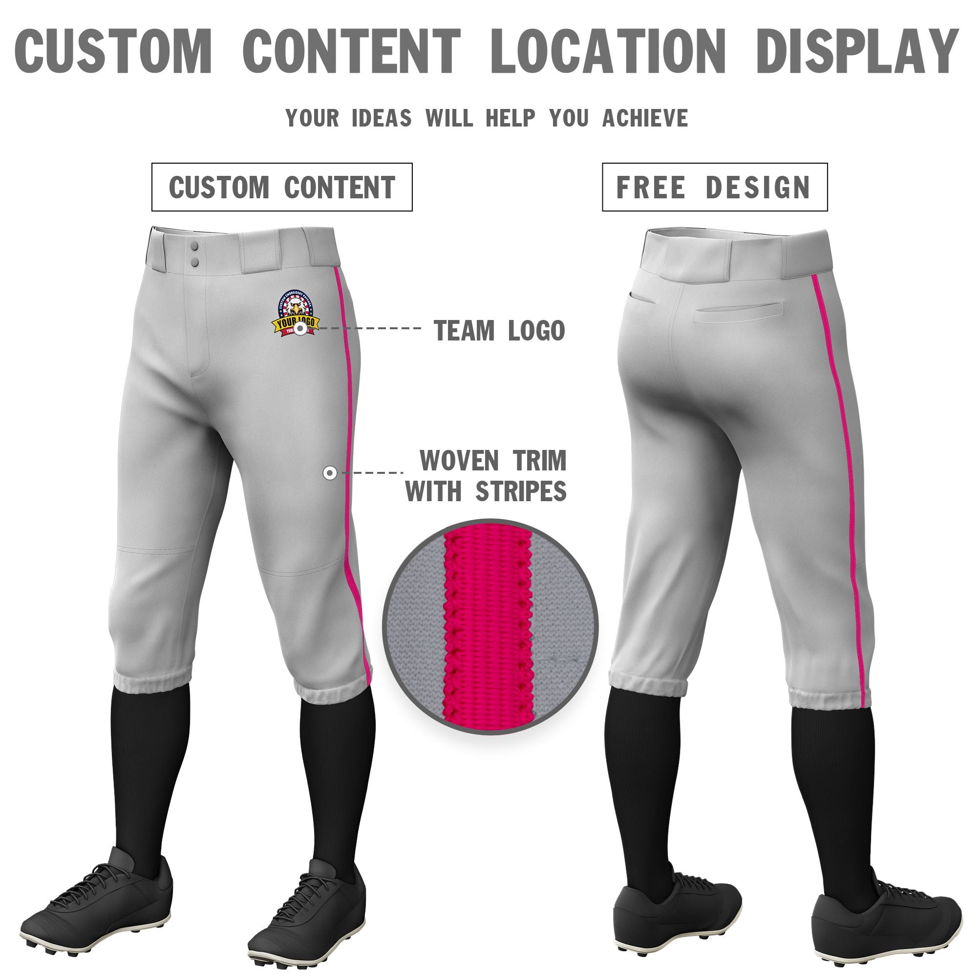 Custom Gray Pink Classic Fit Stretch Practice Knickers Baseball Pants