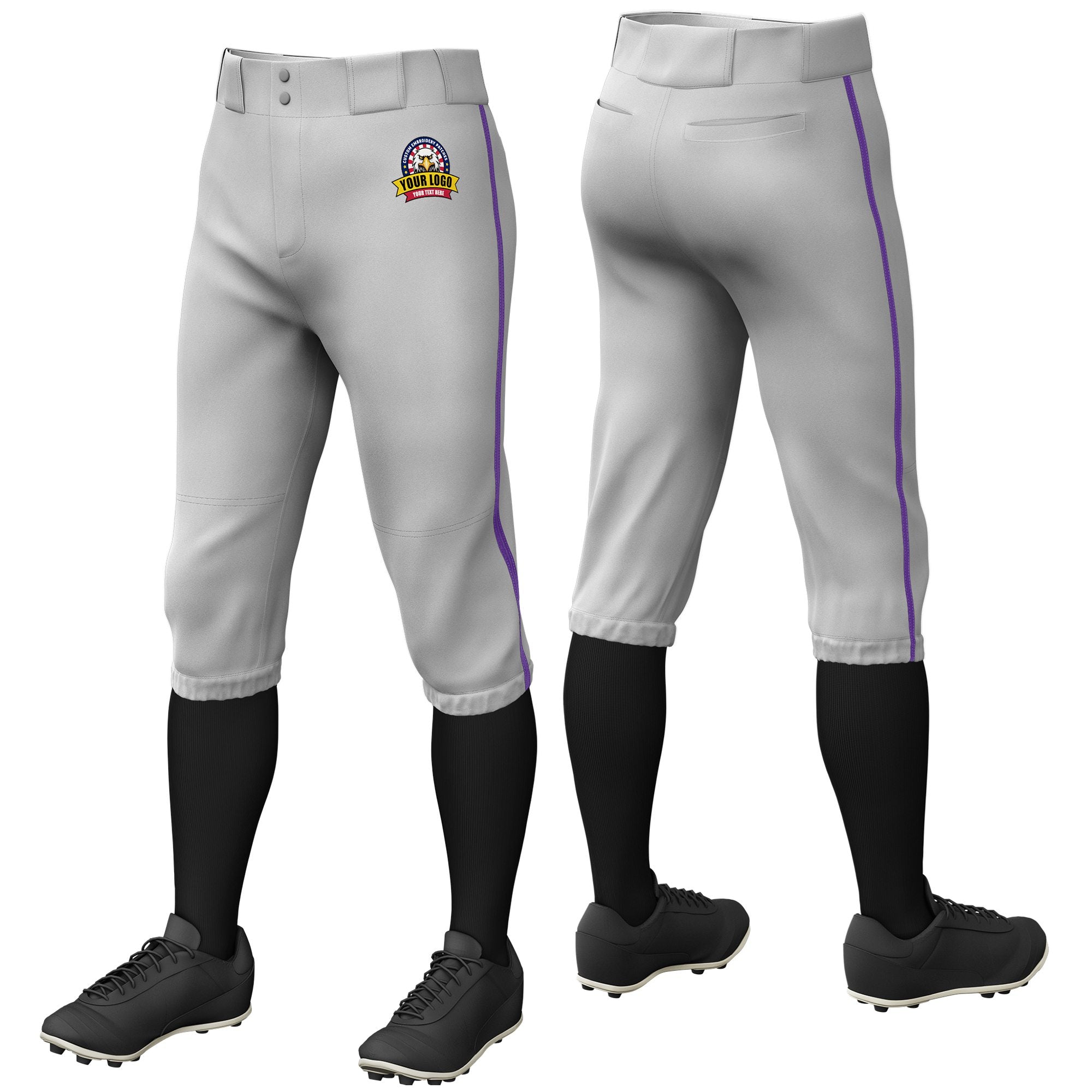 Custom Gray Purple Classic Fit Stretch Practice Knickers Baseball Pants