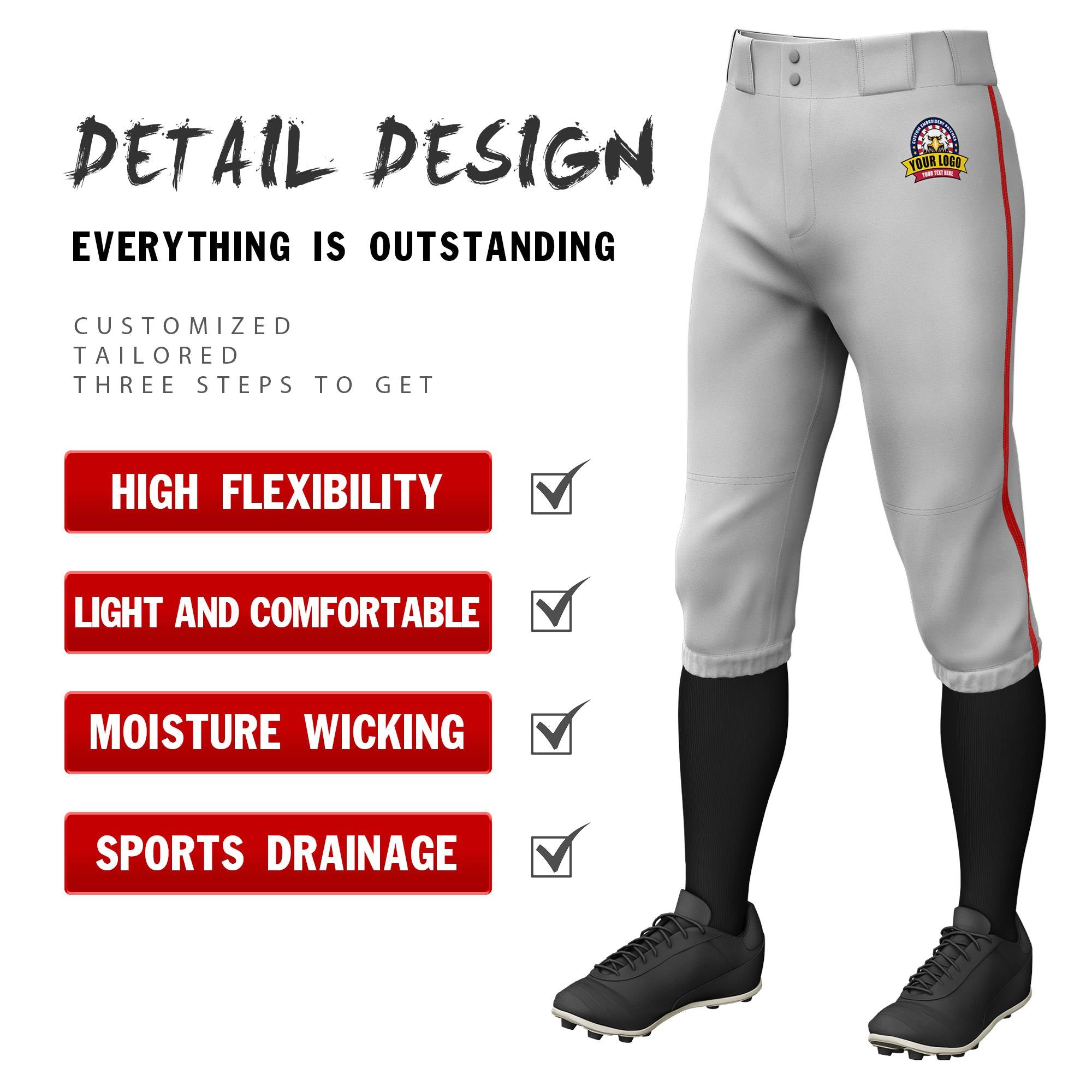 Custom Gray Red Classic Fit Stretch Practice Knickers Baseball Pants