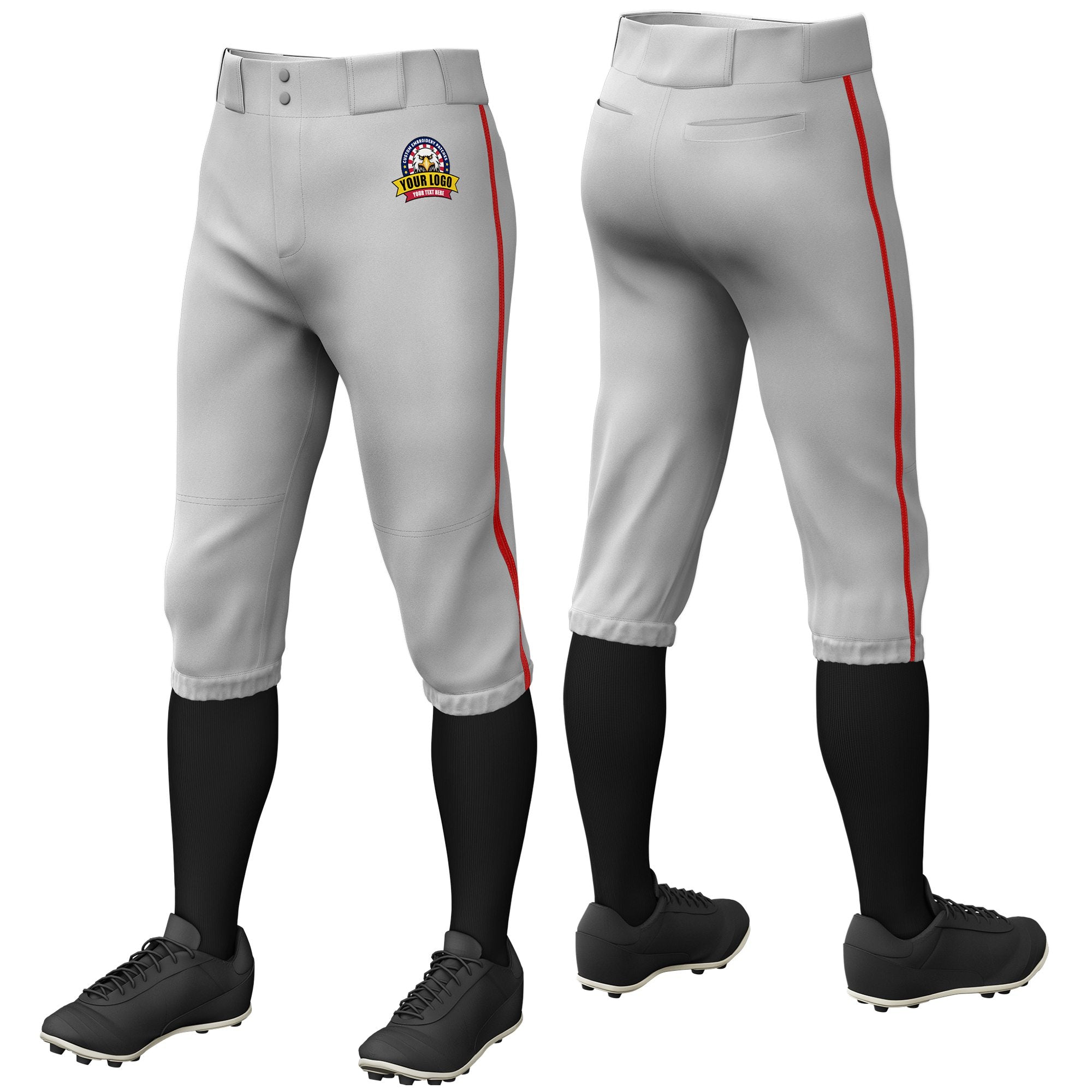 Custom Gray Red Classic Fit Stretch Practice Knickers Baseball Pants