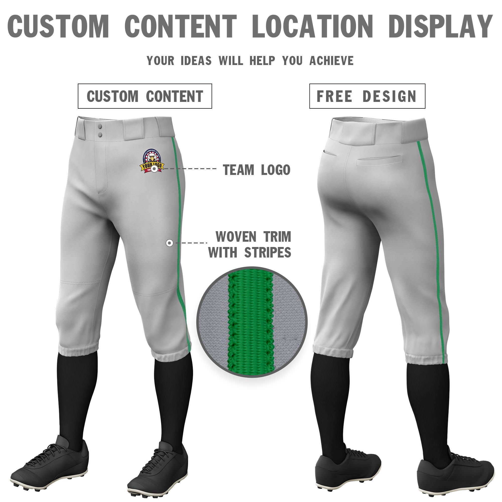 Custom Gray Kelly Green Classic Fit Stretch Practice Knickers Baseball Pants