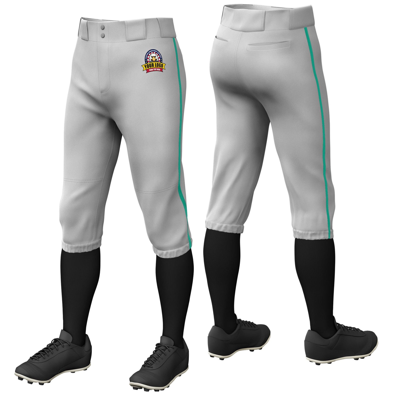 Custom Gray Teal Classic Fit Stretch Practice Knickers Baseball Pants