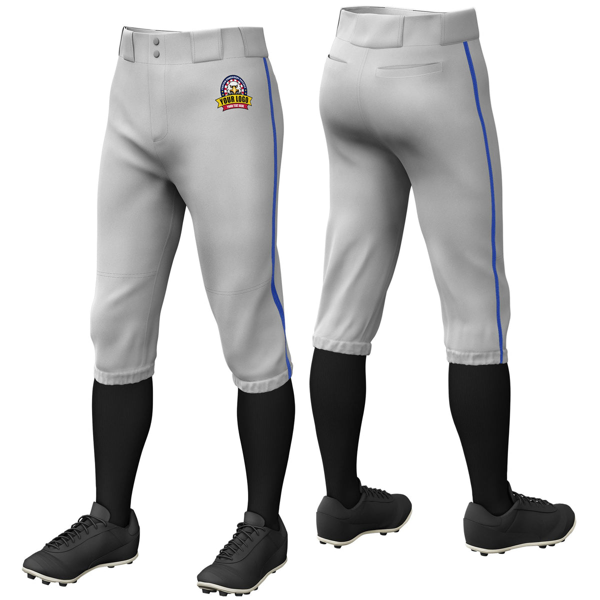 Custom Gray Royal Blue Classic Fit Stretch Practice Knickers Baseball Pants