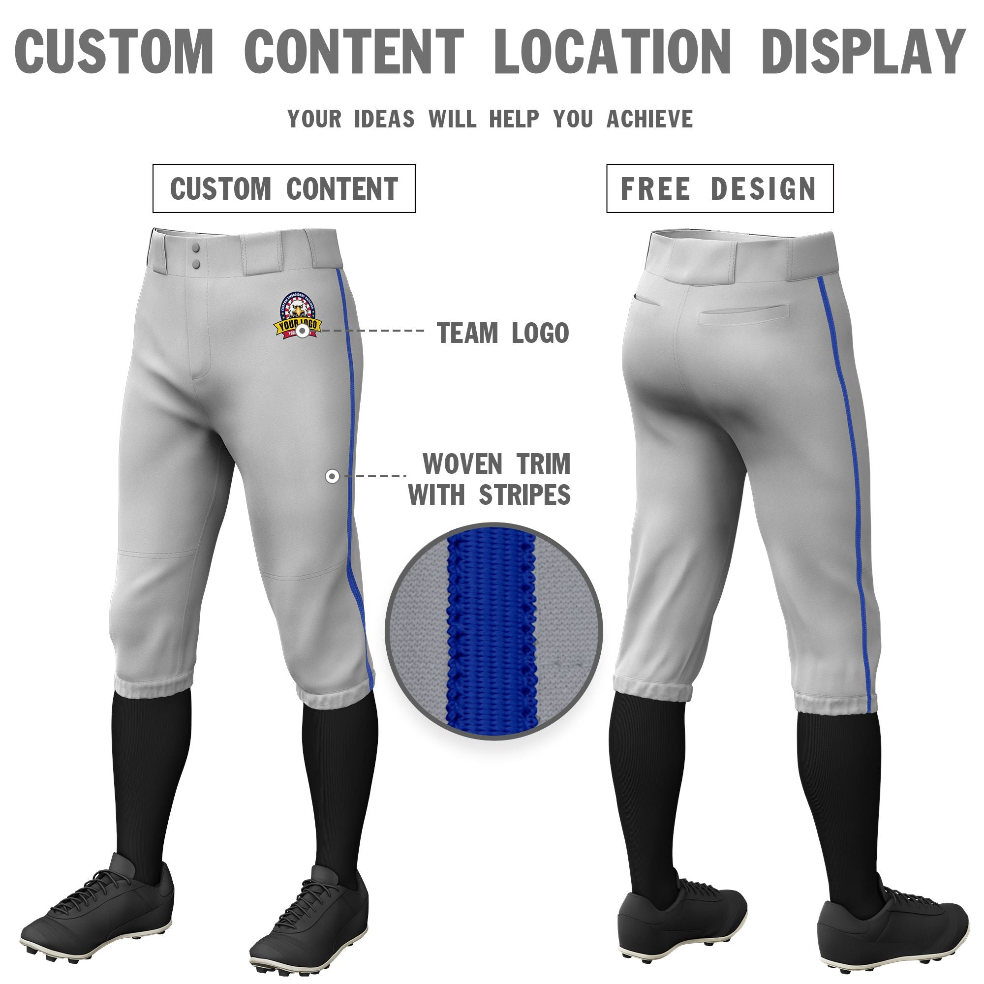 Custom Gray Royal Blue Classic Fit Stretch Practice Knickers Baseball Pants