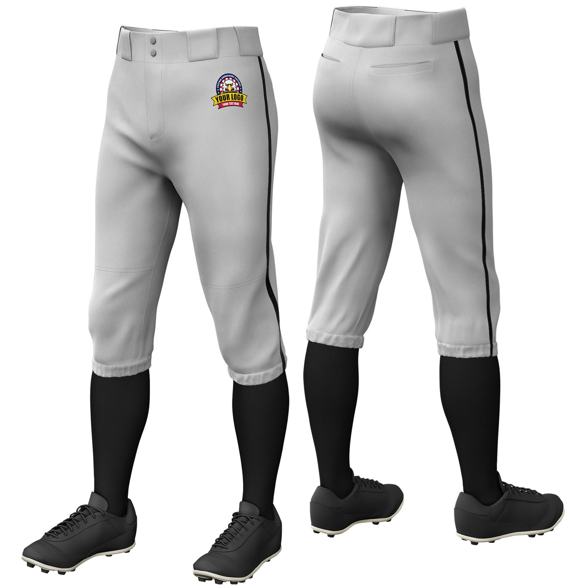 Custom Gray Black Classic Fit Stretch Practice Knickers Baseball Pants