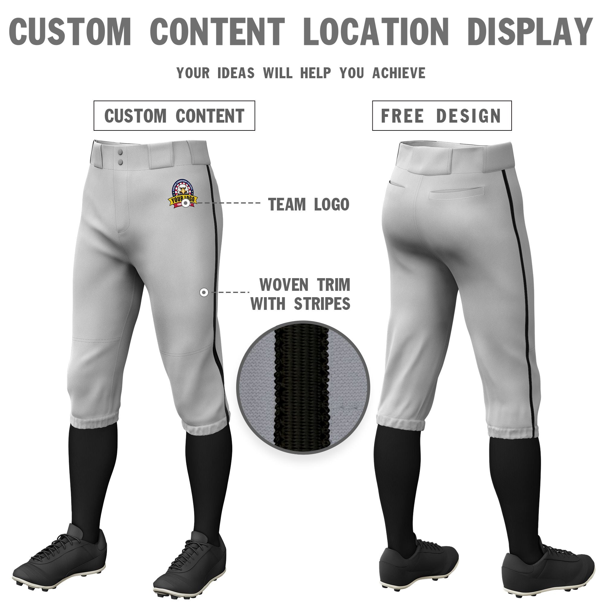 Custom Gray Black Classic Fit Stretch Practice Knickers Baseball Pants