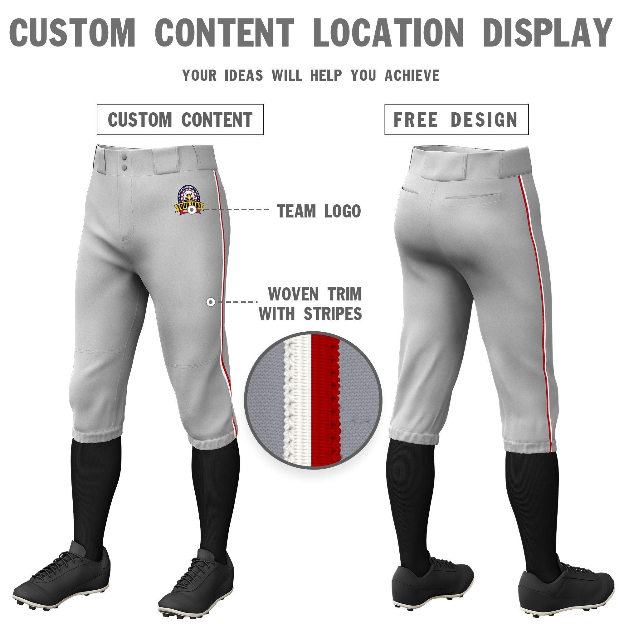 Custom Gray White-Red Classic Fit Stretch Practice Knickers Baseball Pants