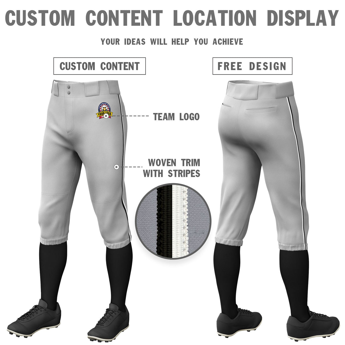 Custom Gray Black-White Classic Fit Stretch Practice Knickers Baseball Pants