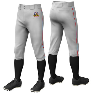 Custom Gray Light Blue-Red Piping Classic Fit Stretch Practice Knickers Baseball Pants
