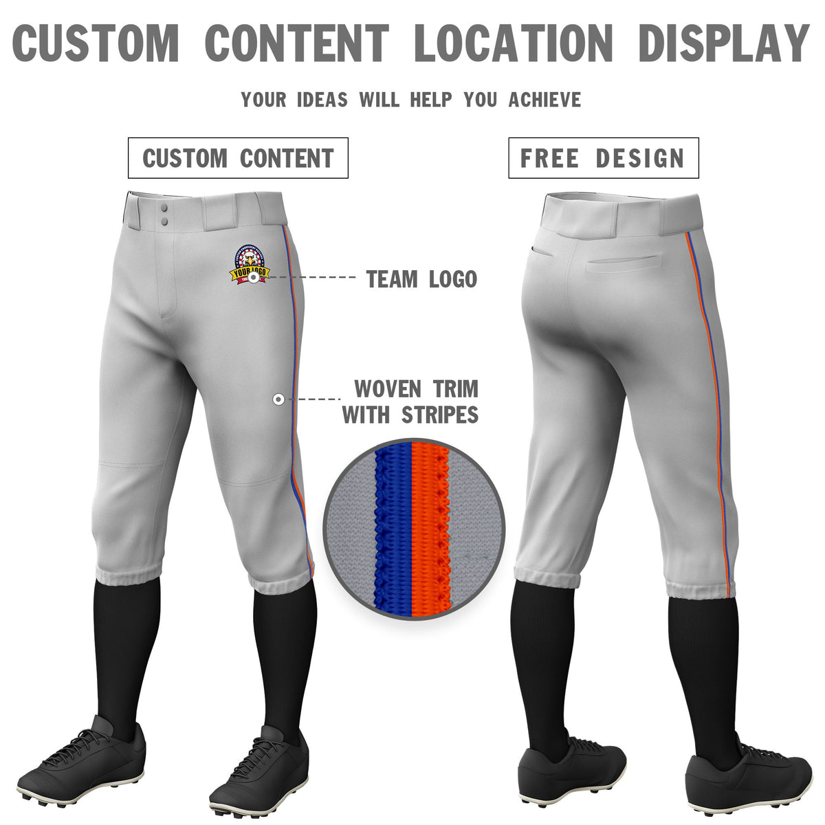 Custom Gray Royal Blue-Orange Classic Fit Stretch Practice Knickers Baseball Pants