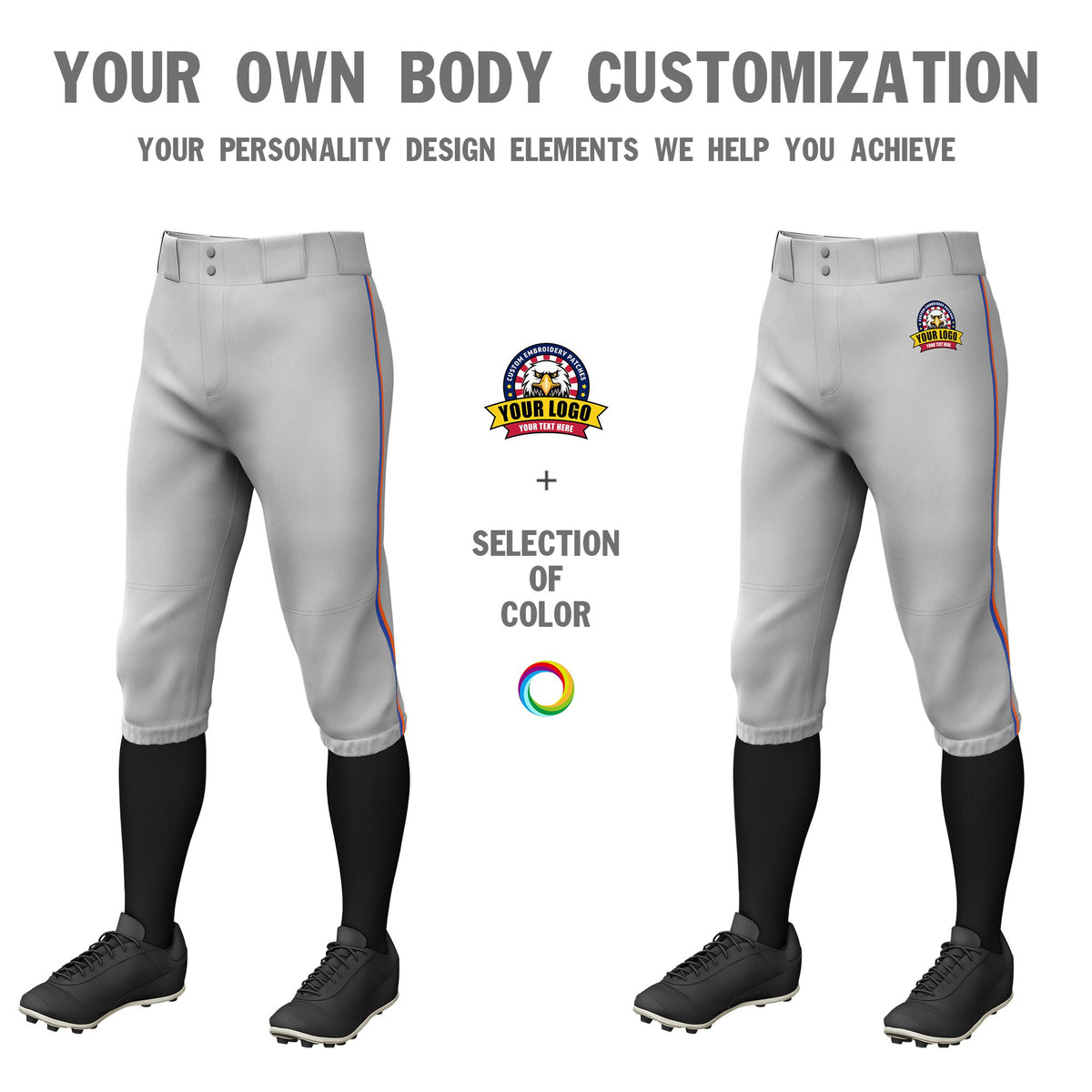 Custom Gray Royal Blue-Orange Classic Fit Stretch Practice Knickers Baseball Pants