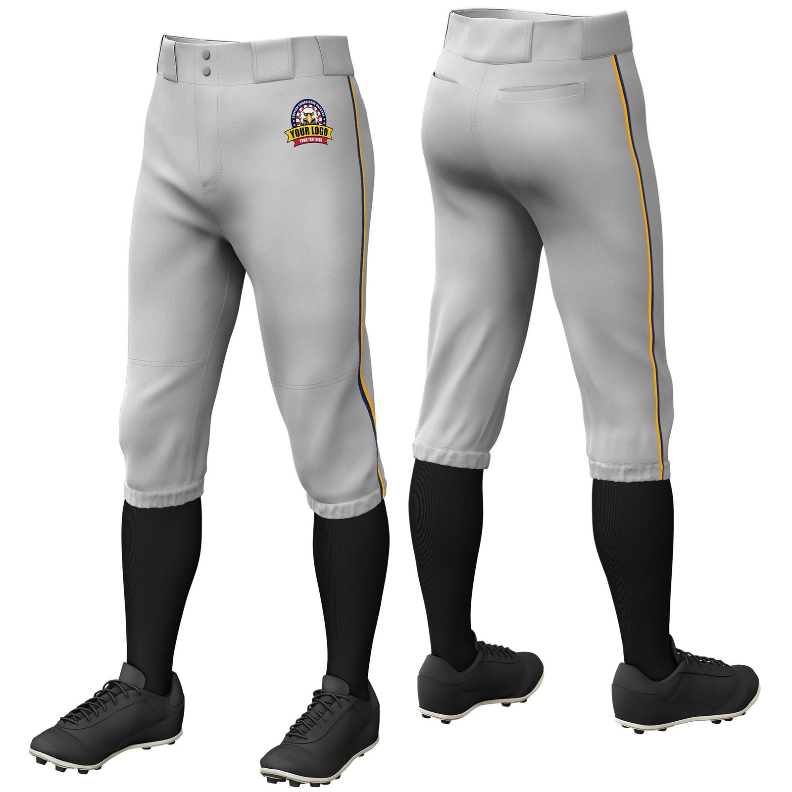 Custom Gray Navy-Yellow Classic Fit Stretch Practice Knickers Baseball Pants