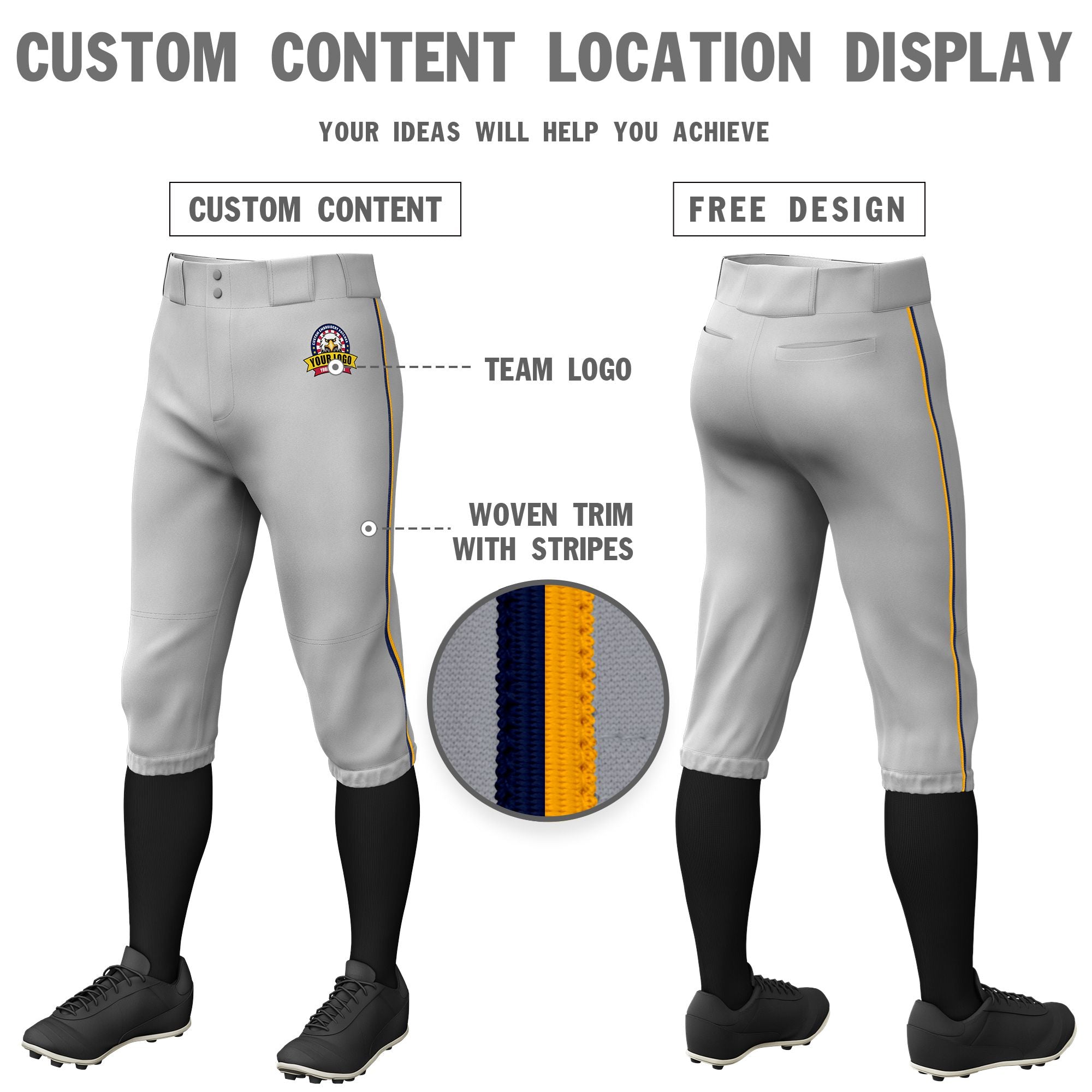 Custom Gray Navy-Yellow Classic Fit Stretch Practice Knickers Baseball Pants