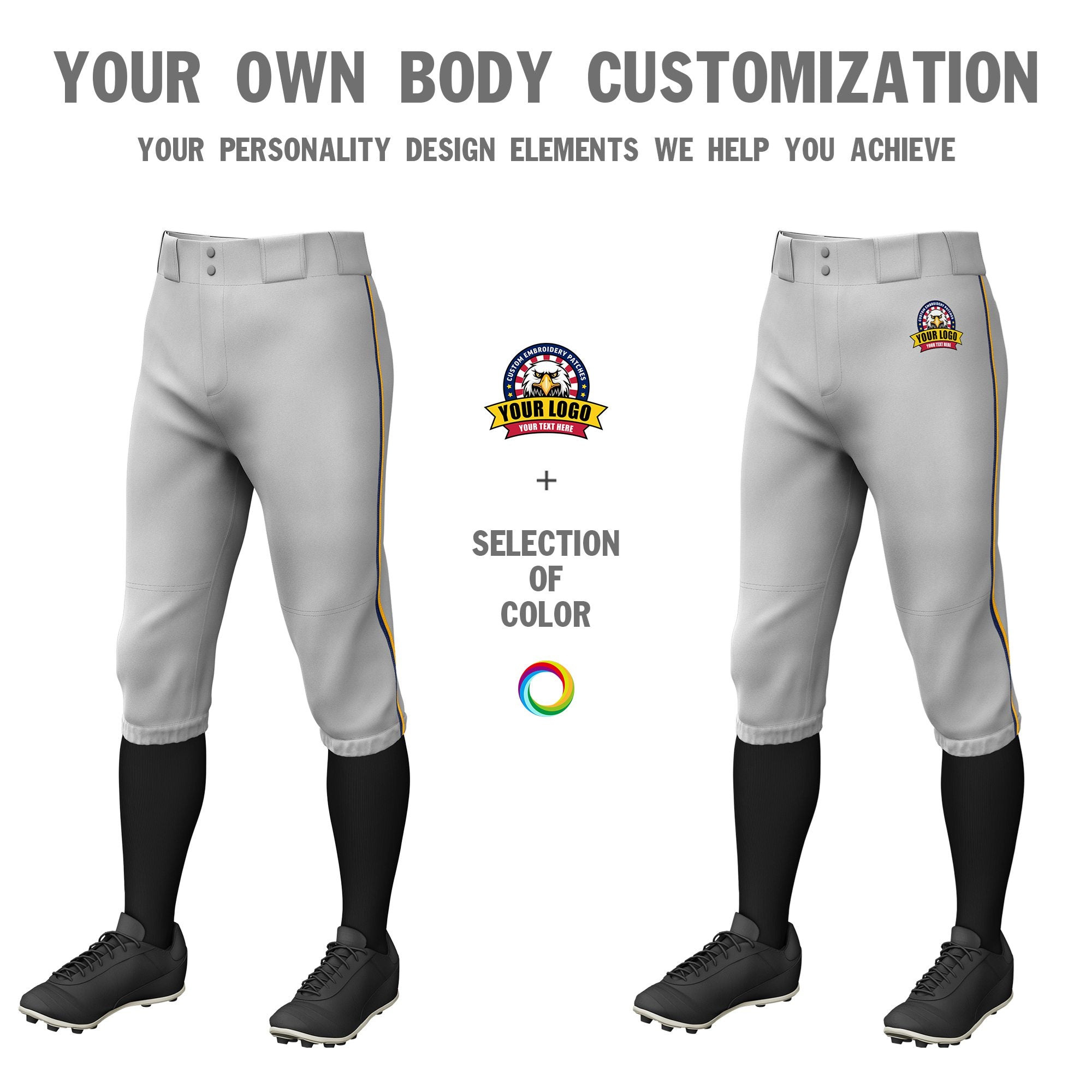 Custom Gray Navy-Yellow Classic Fit Stretch Practice Knickers Baseball Pants