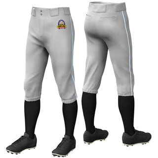 Custom Gray Light Blue-White Piping Classic Fit Stretch Practice Knickers Baseball Pants
