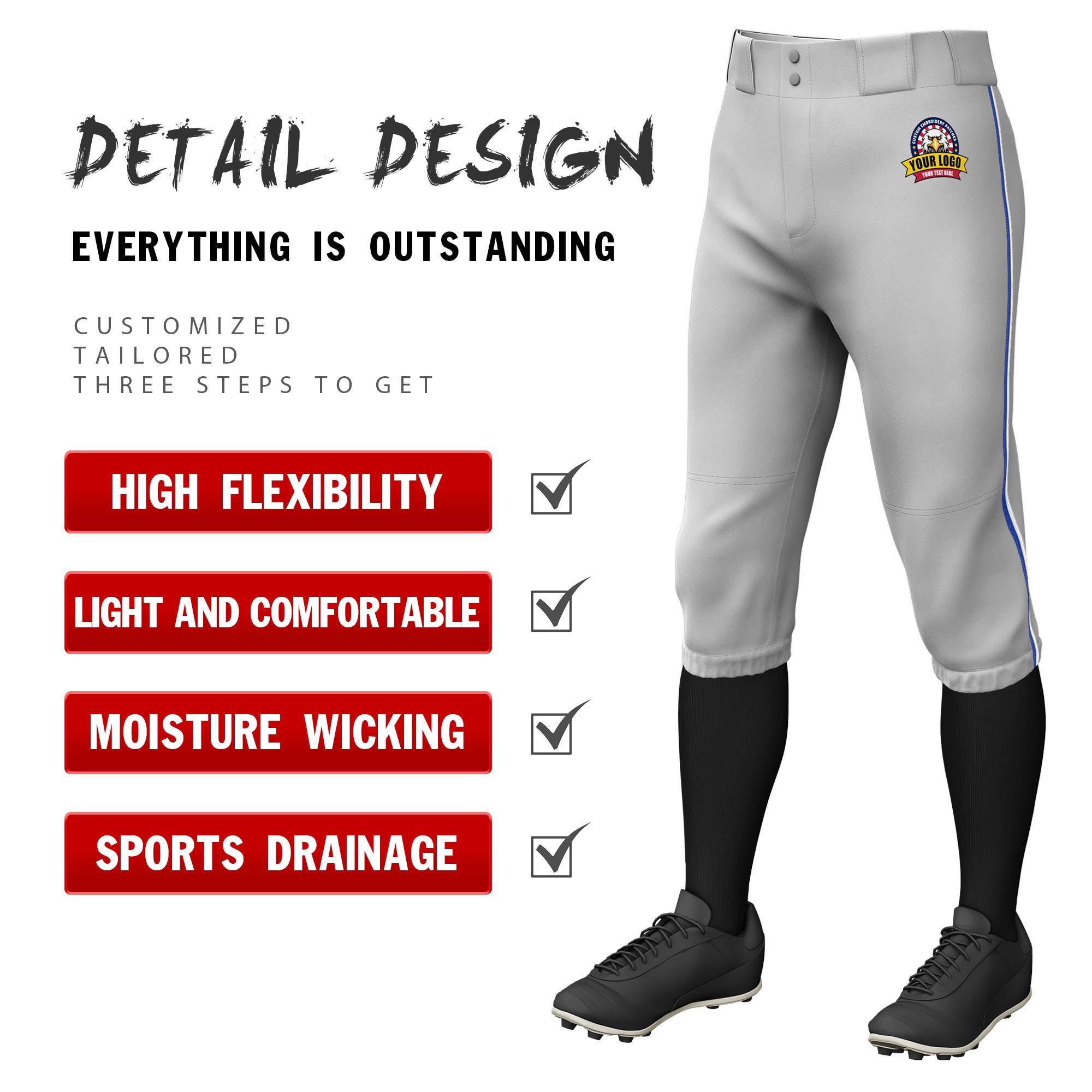 Custom Gray Royal Blue-White Classic Fit Stretch Practice Knickers Baseball Pants