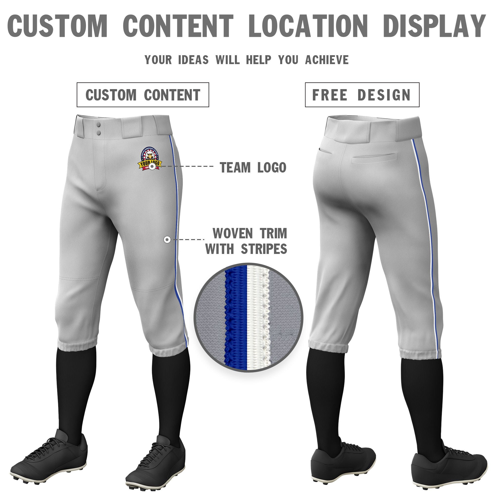 Custom Gray Royal Blue-White Classic Fit Stretch Practice Knickers Baseball Pants