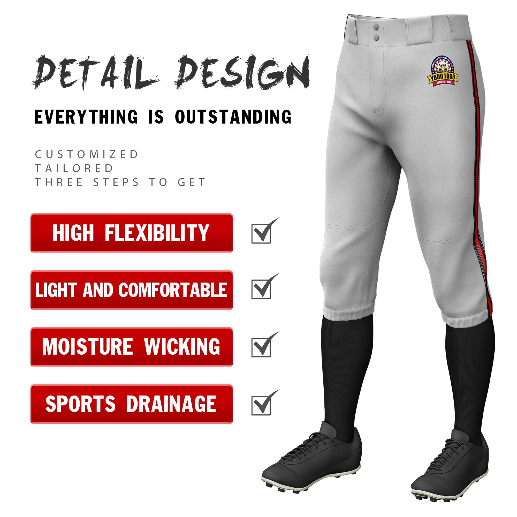 Custom Gray Black-Red-Black Classic Fit Stretch Practice Knickers Baseball Pants