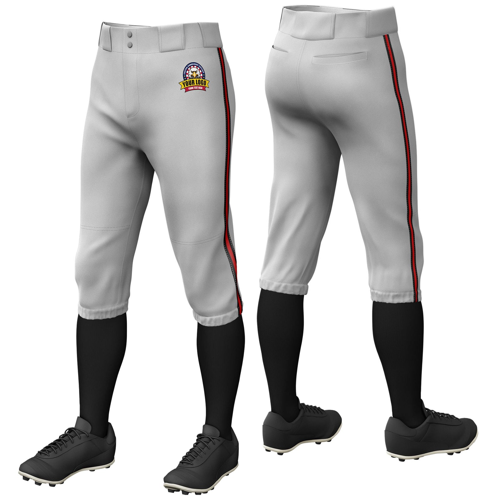 Custom Gray Black-Red-Black Classic Fit Stretch Practice Knickers Baseball Pants