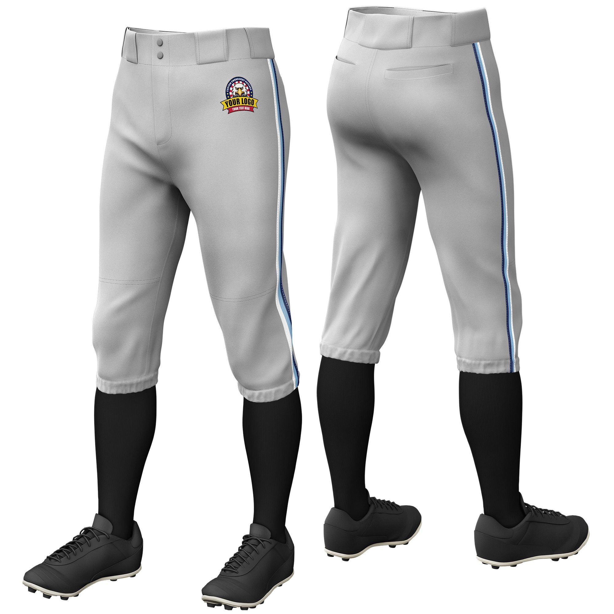 Custom Gray White-Light Blue-Navy Classic Fit Stretch Practice Knickers Baseball Pants