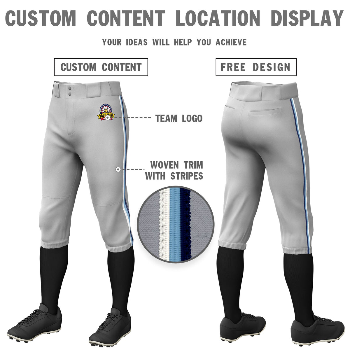 Custom Gray White-Light Blue-Navy Classic Fit Stretch Practice Knickers Baseball Pants