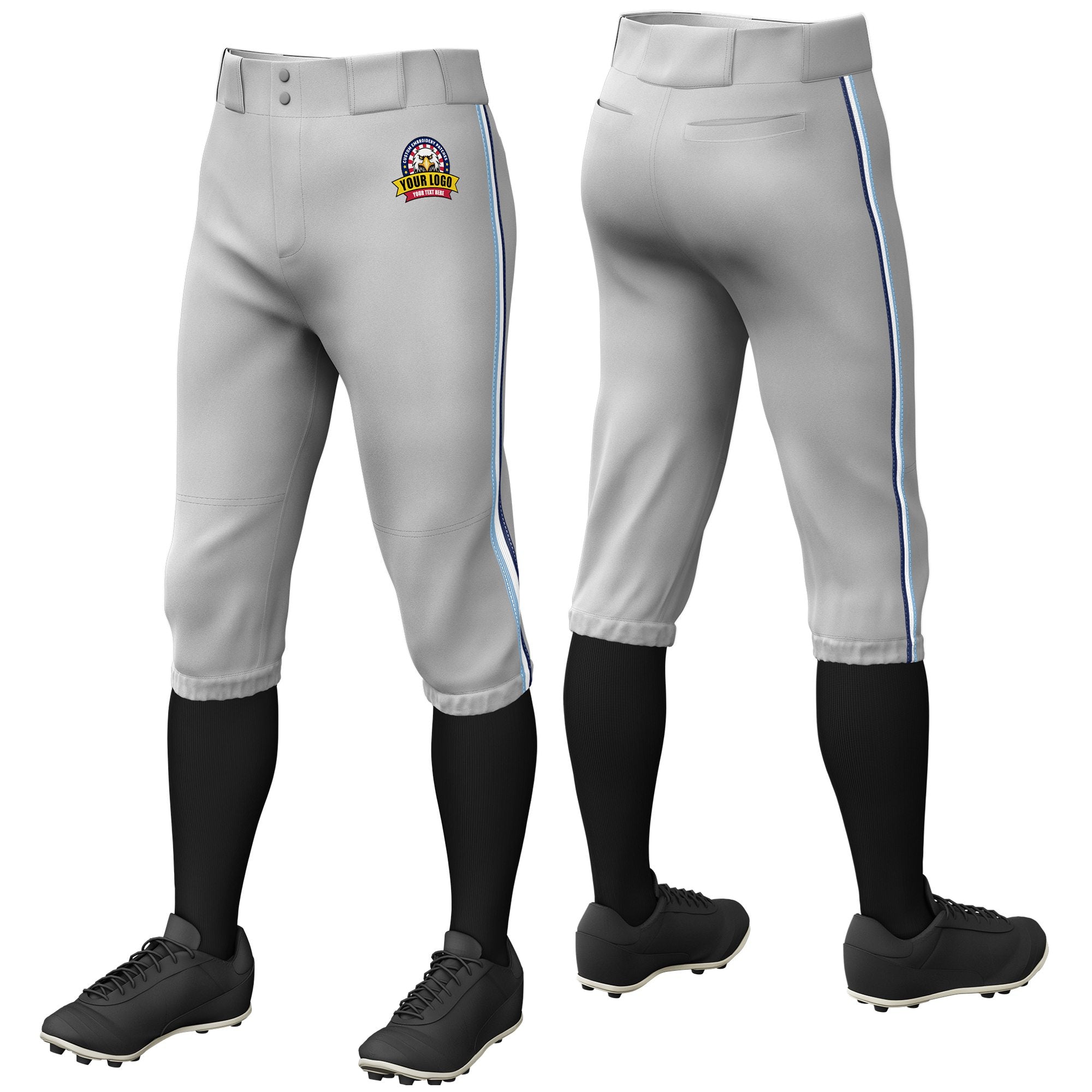 Custom Gray Light Blue-White-Navy Classic Fit Stretch Practice Knickers Baseball Pants