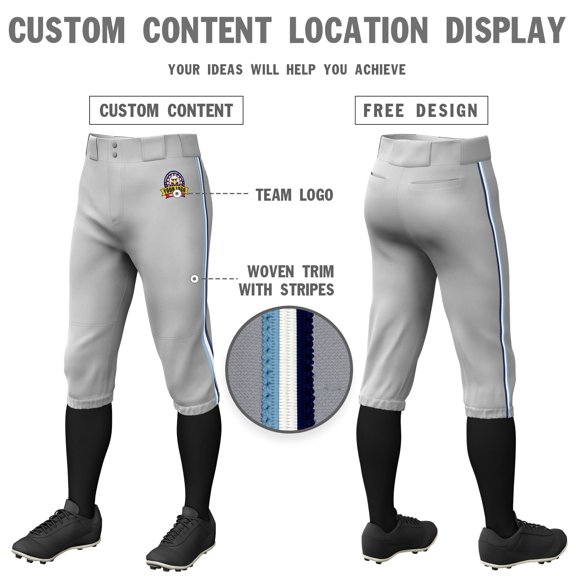 Custom Gray Light Blue-White-Navy Classic Fit Stretch Practice Knickers Baseball Pants