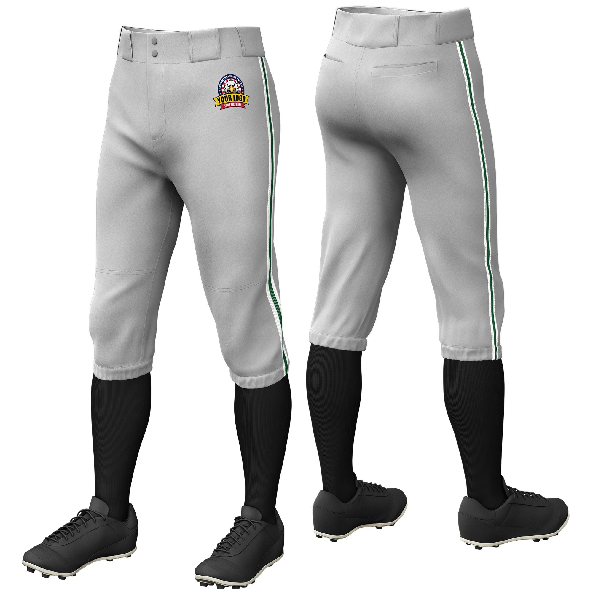 Custom Gray White-Green-White Classic Fit Stretch Practice Knickers Baseball Pants