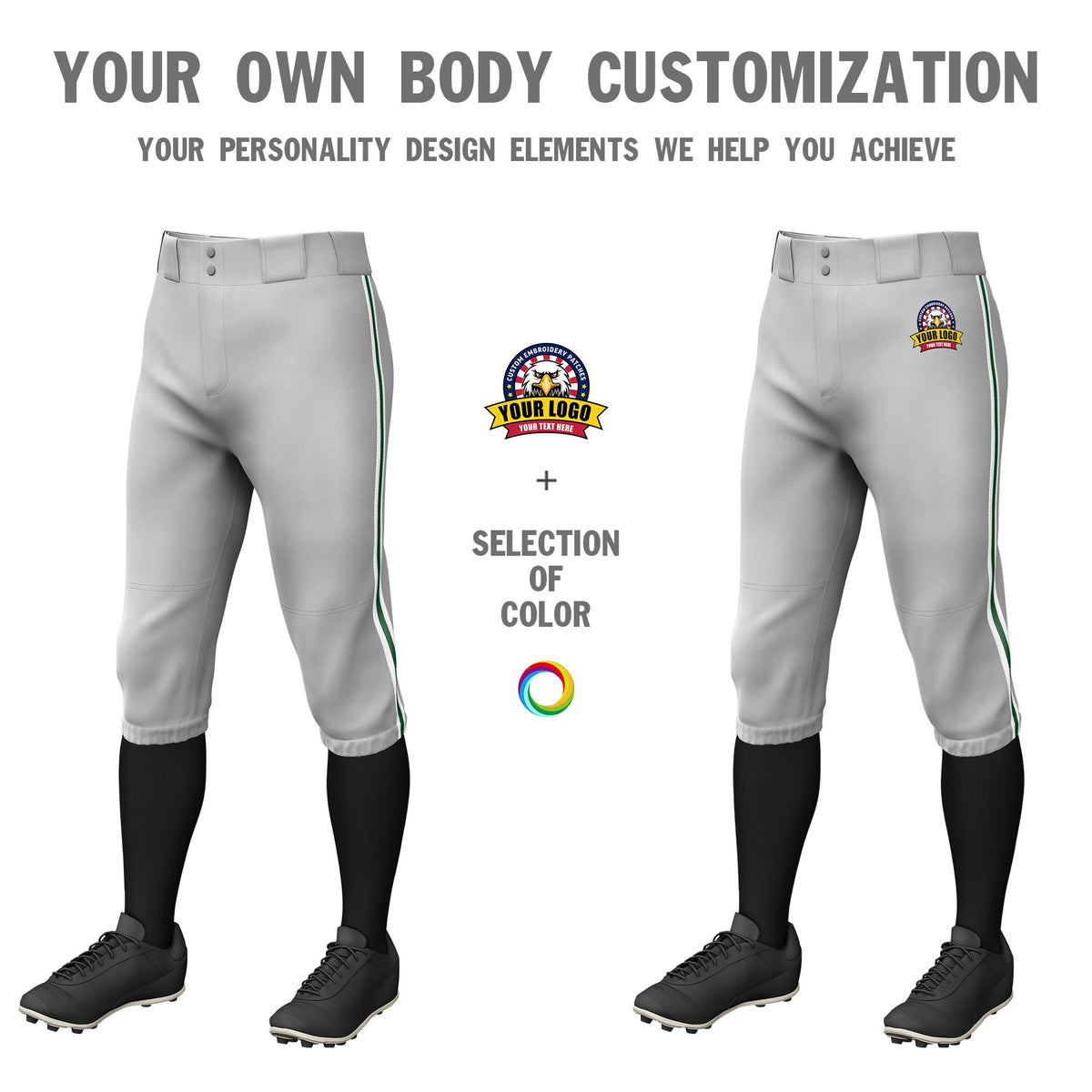 Custom Gray White-Green-White Classic Fit Stretch Practice Knickers Baseball Pants