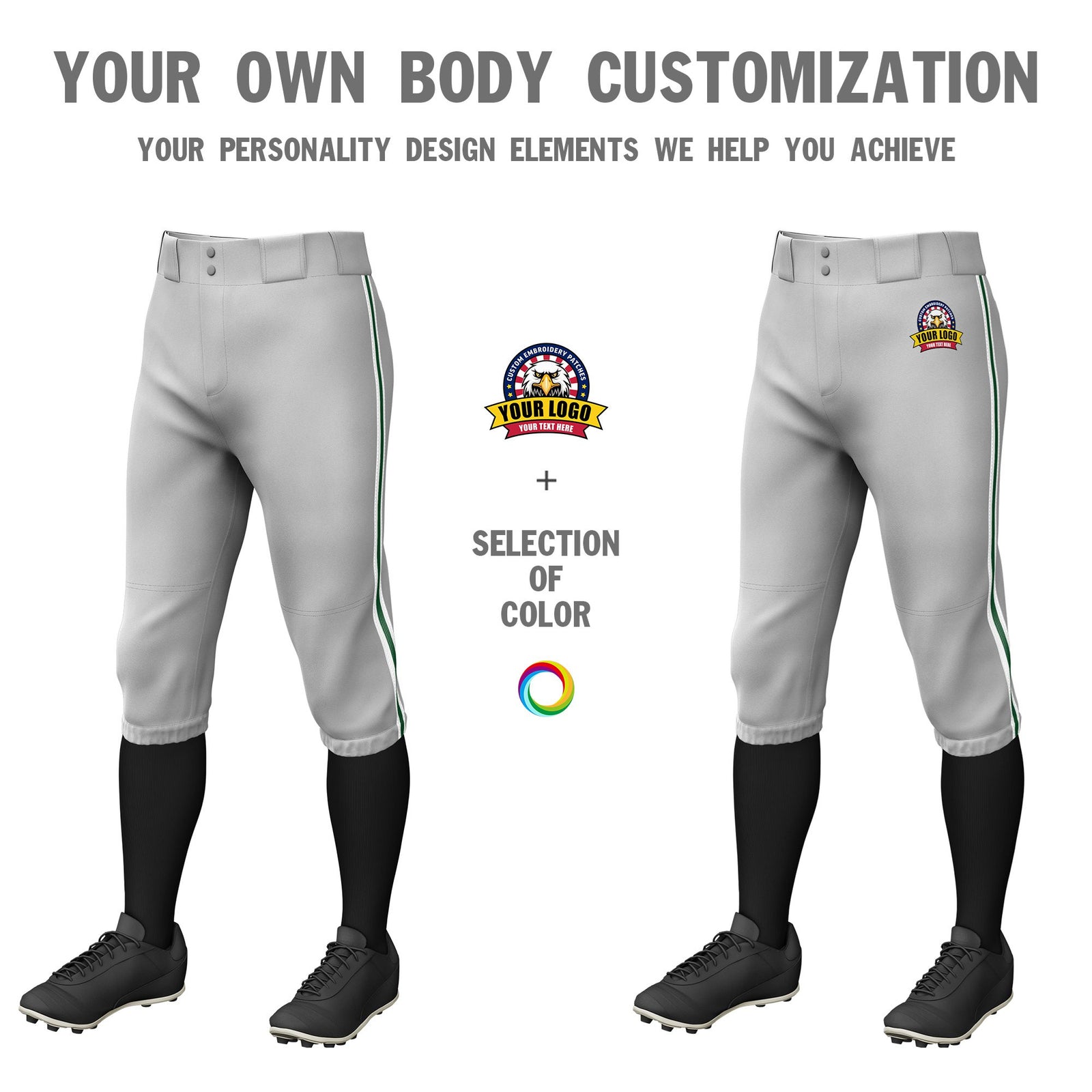 Custom Gray White-Green-White Classic Fit Stretch Practice Knickers Baseball Pants