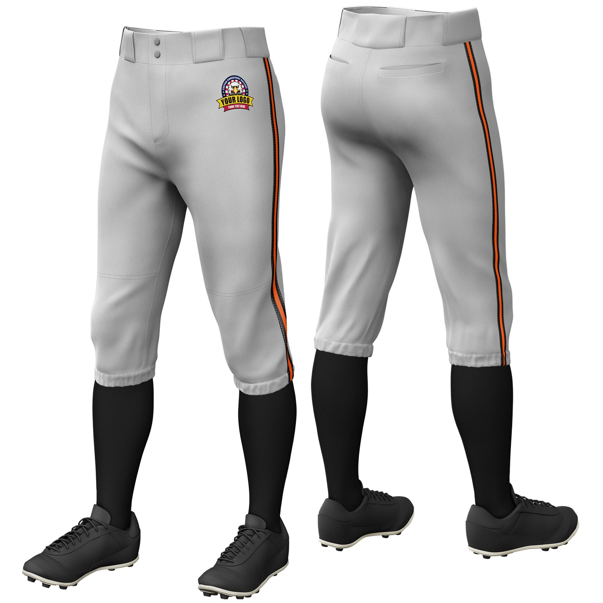 Custom Gray Black-Orange-Black Classic Fit Stretch Practice Knickers Baseball Pants