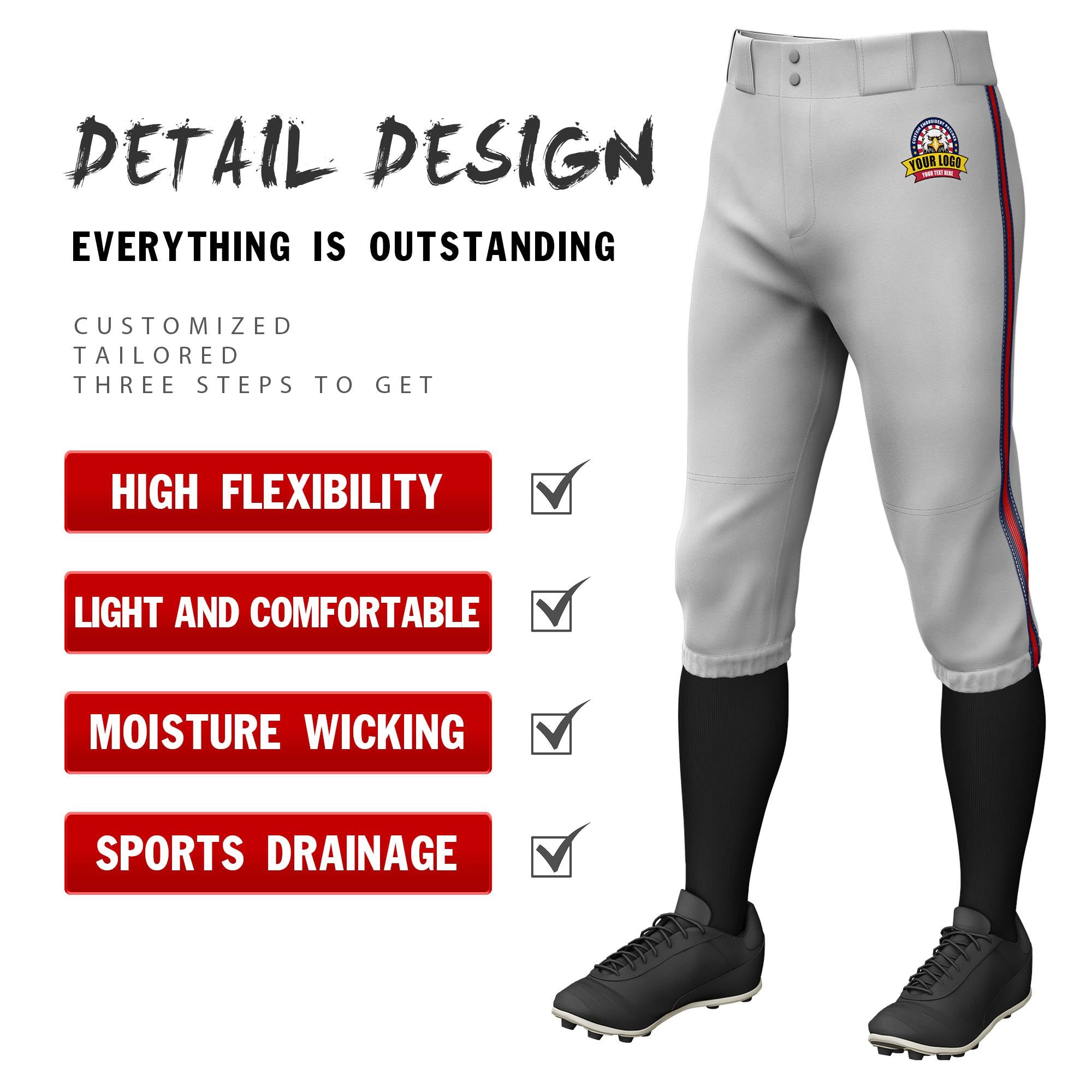 Custom Gray Navy-Red-Navy Classic Fit Stretch Practice Knickers Baseball Pants