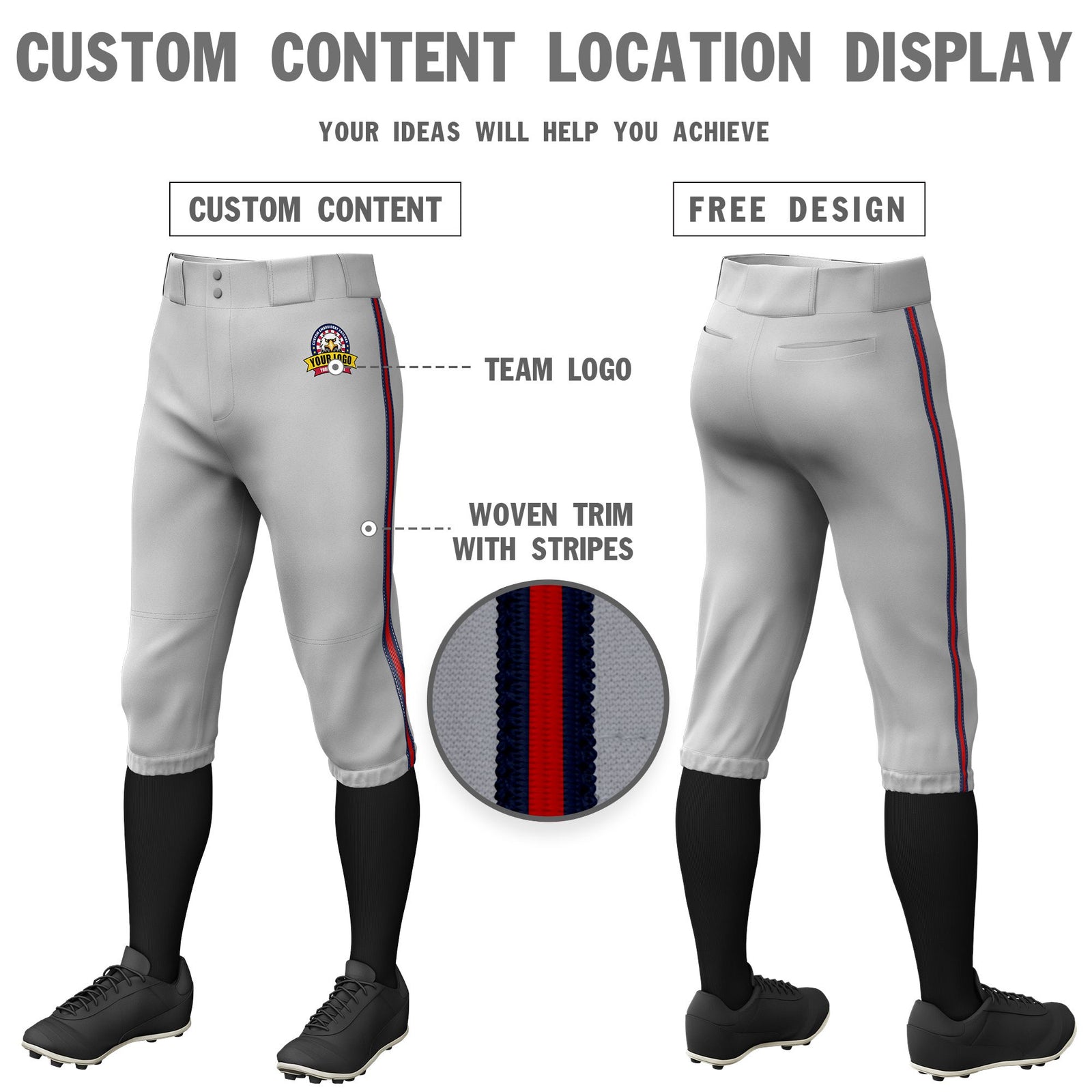 Custom Gray Navy-Red-Navy Classic Fit Stretch Practice Knickers Baseball Pants