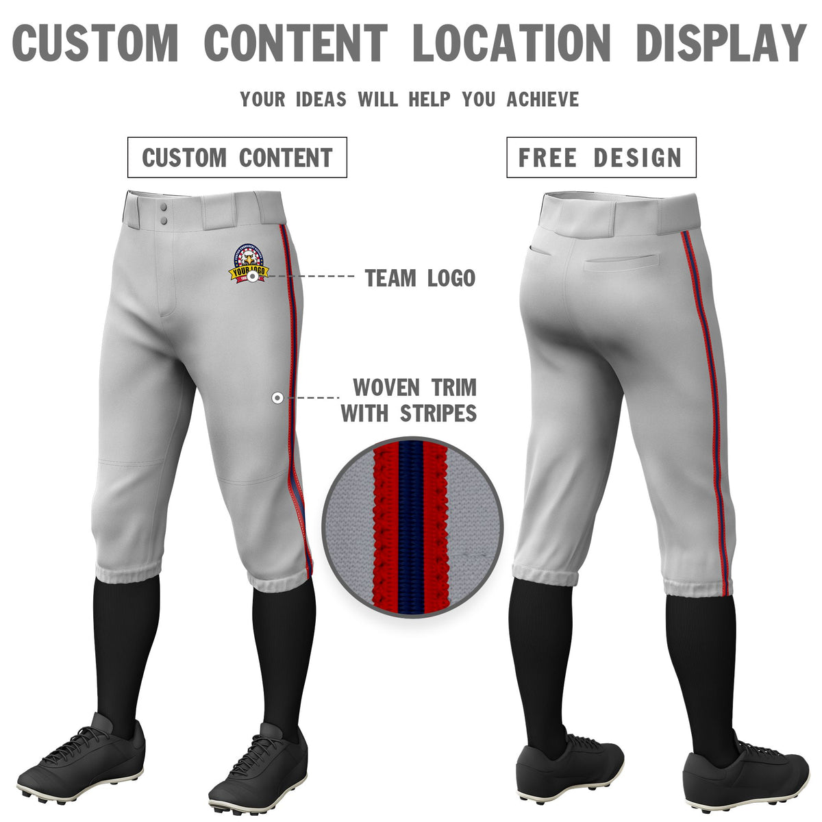Custom Gray Red-Navy-Red Classic Fit Stretch Practice Knickers Baseball Pants