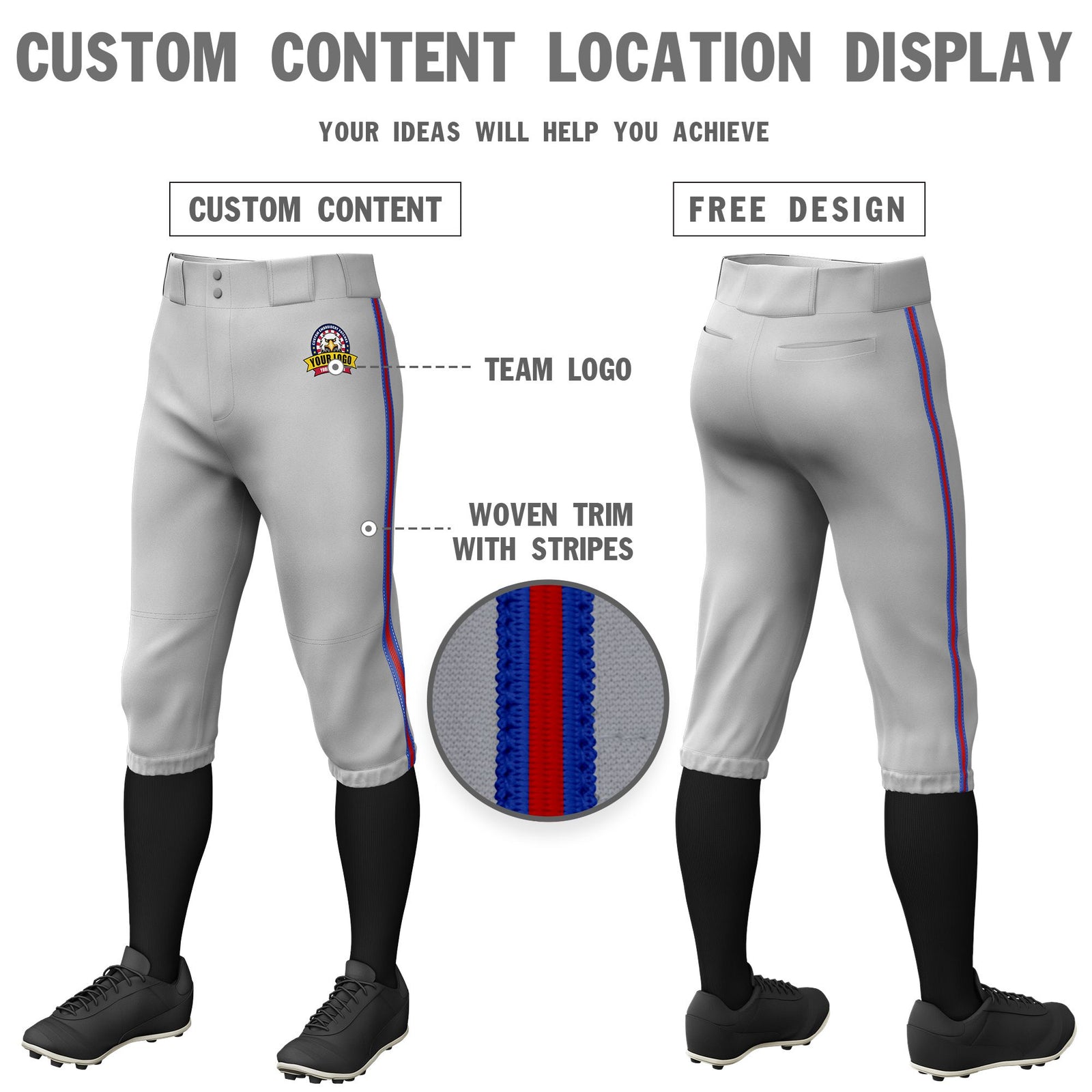 Custom Gray Royal Blue-Red-Royal Blue Classic Fit Stretch Practice Knickers Baseball Pants