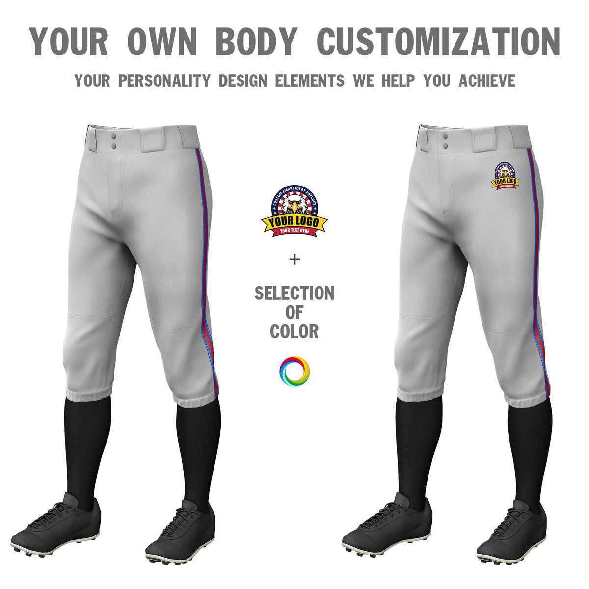 Custom Gray Royal Blue-Red-Royal Blue Classic Fit Stretch Practice Knickers Baseball Pants