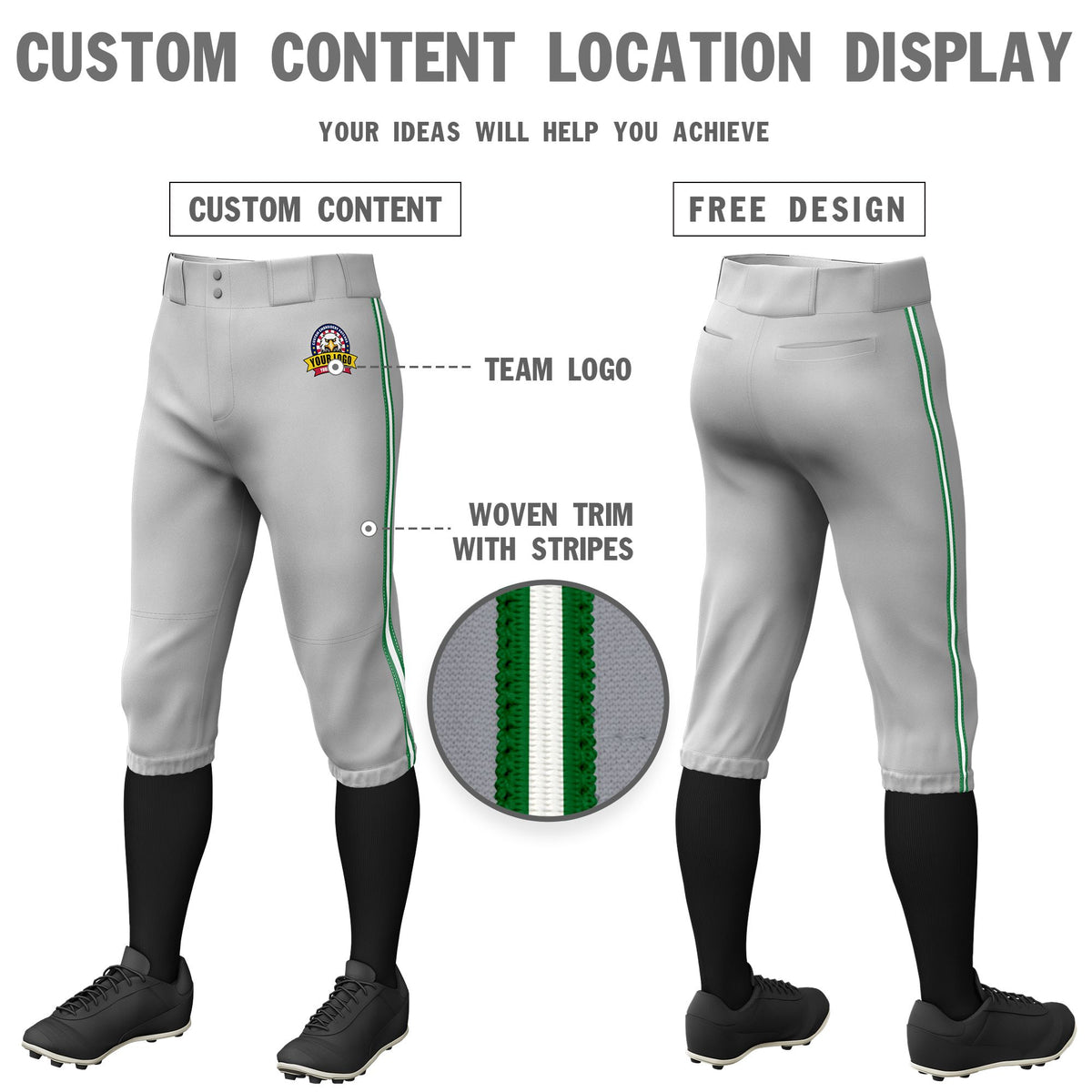 Custom Gray Kelly Green-White-Kelly Green Classic Fit Stretch Practice Knickers Baseball Pants