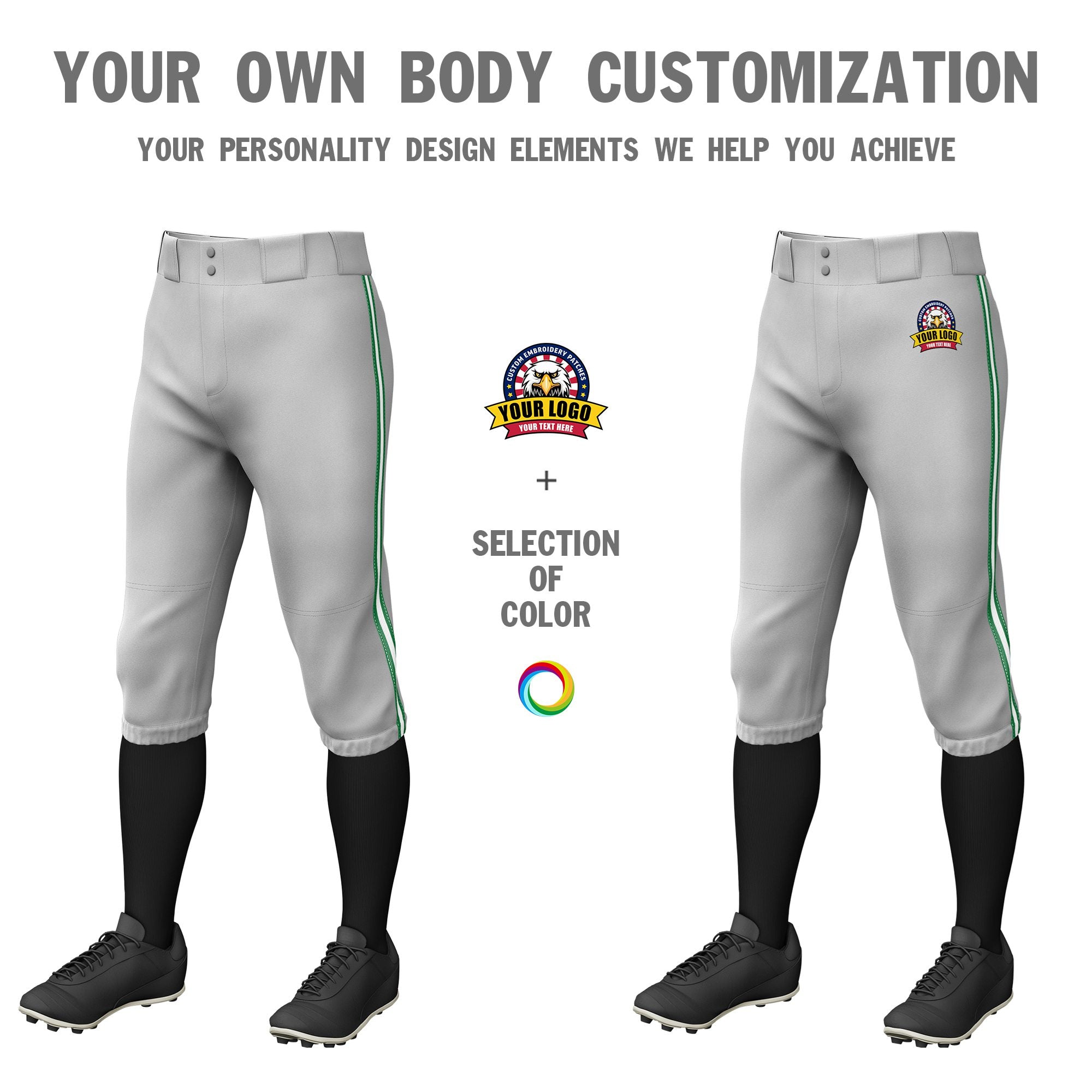 Custom Gray Kelly Green-White-Kelly Green Classic Fit Stretch Practice Knickers Baseball Pants